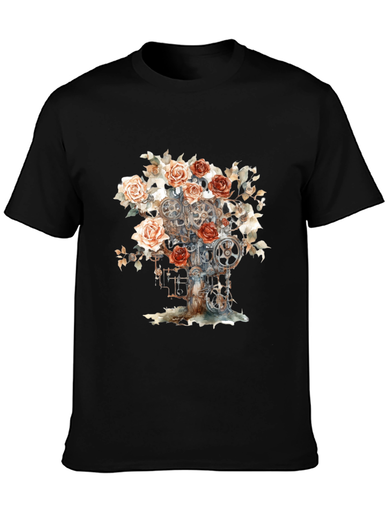 Steampunk Rose Gears Graphic Tee - Black