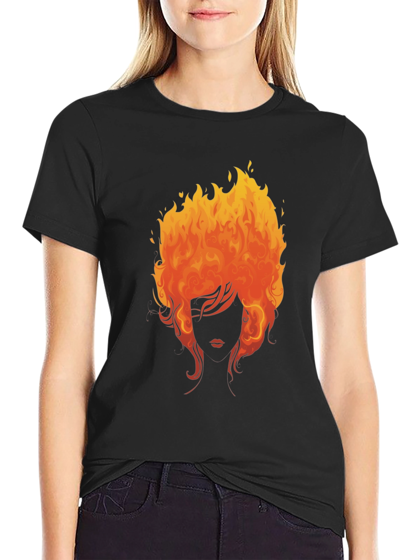 Fiery Woman Graphic Tee - Bold Black T-Shirt