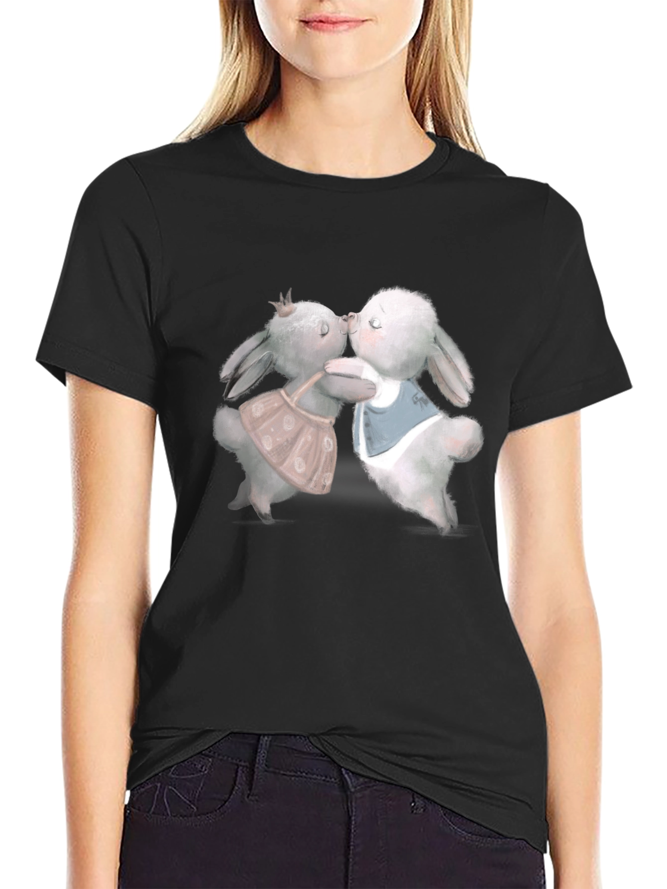 Cute Rabbit Kissing Graphic Tee - Black T-Shirt