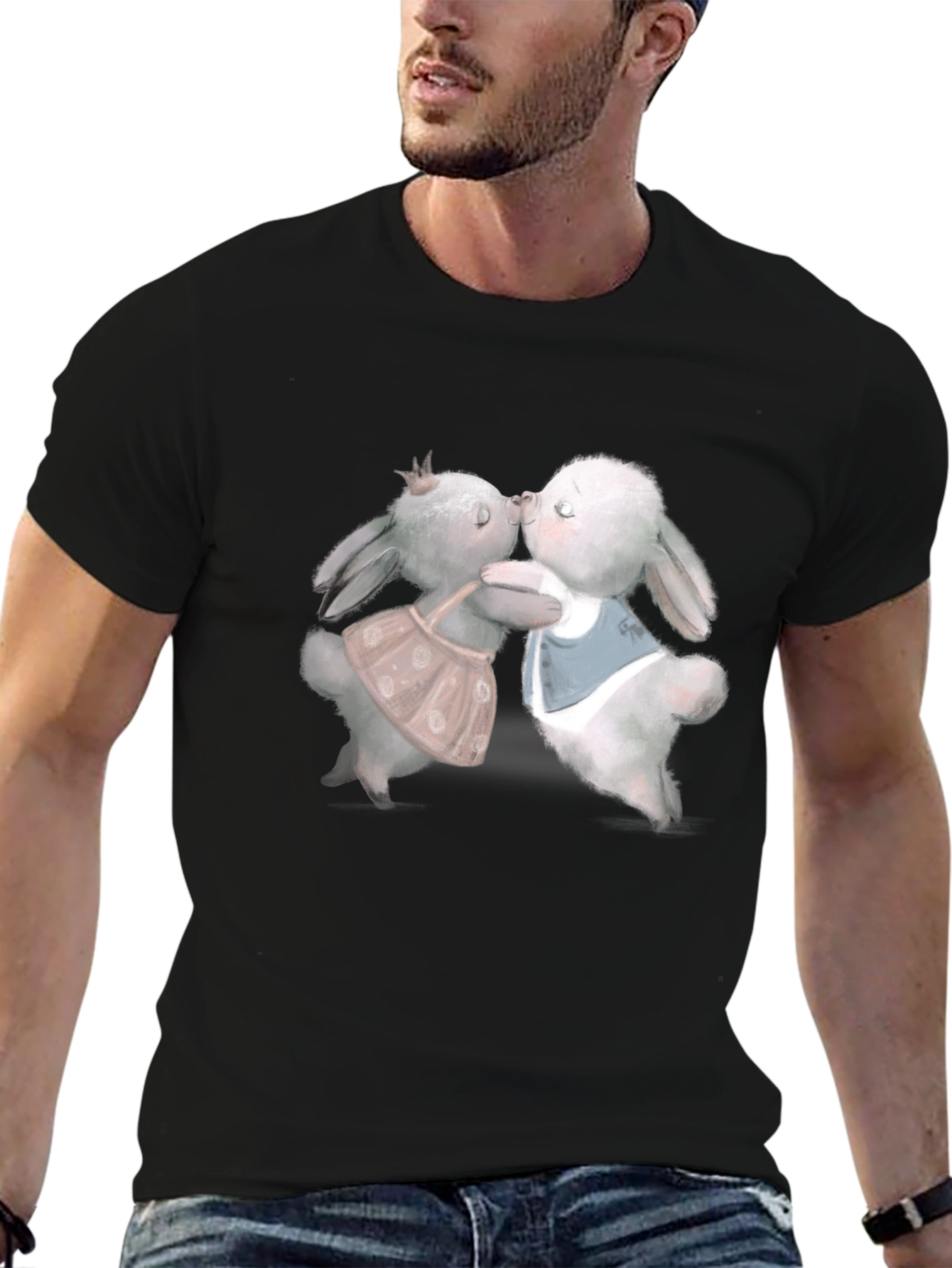 Cute Rabbit Kissing Graphic Tee - Black T-Shirt