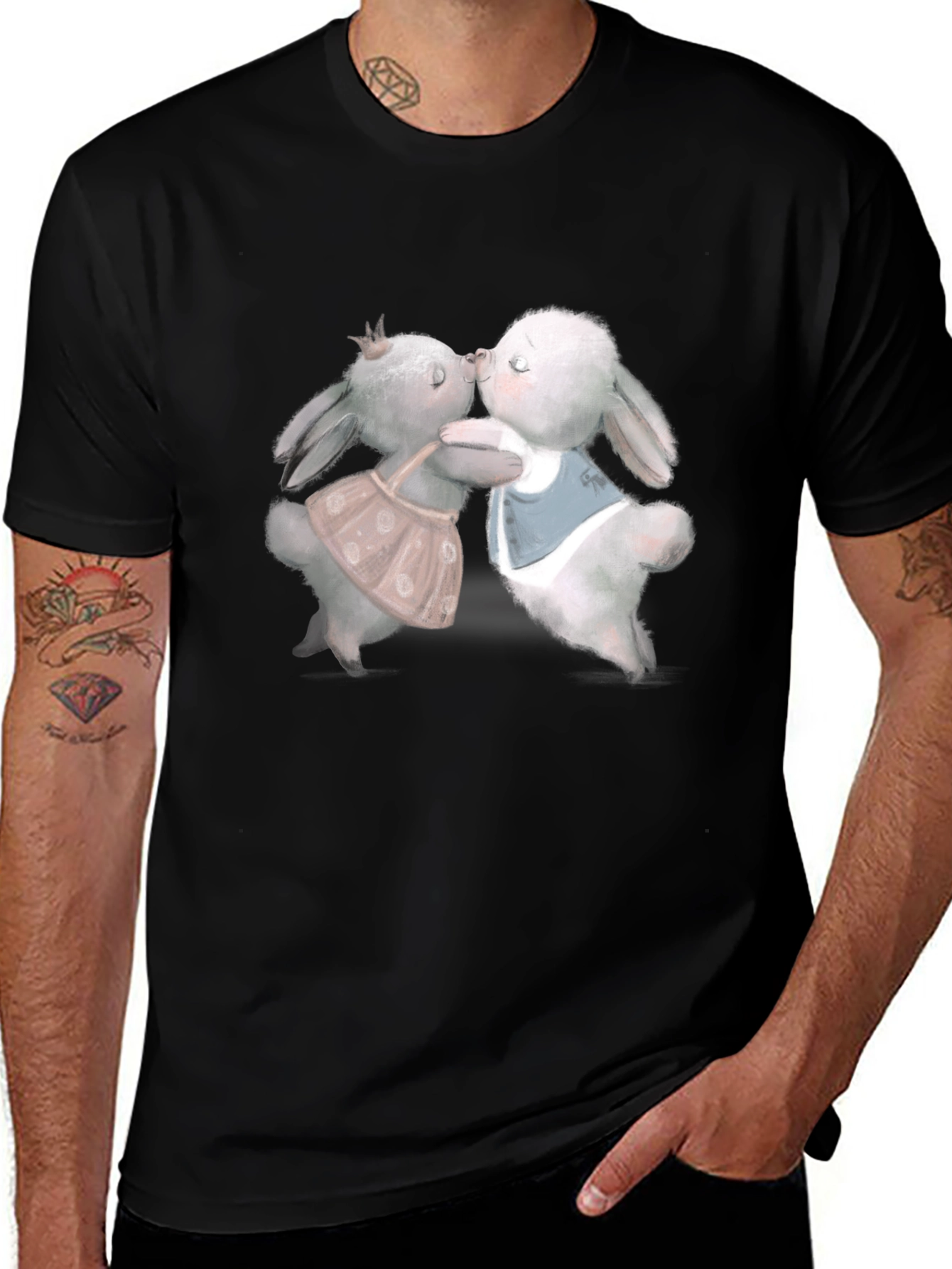 Cute Rabbit Kissing Graphic Tee - Black T-Shirt