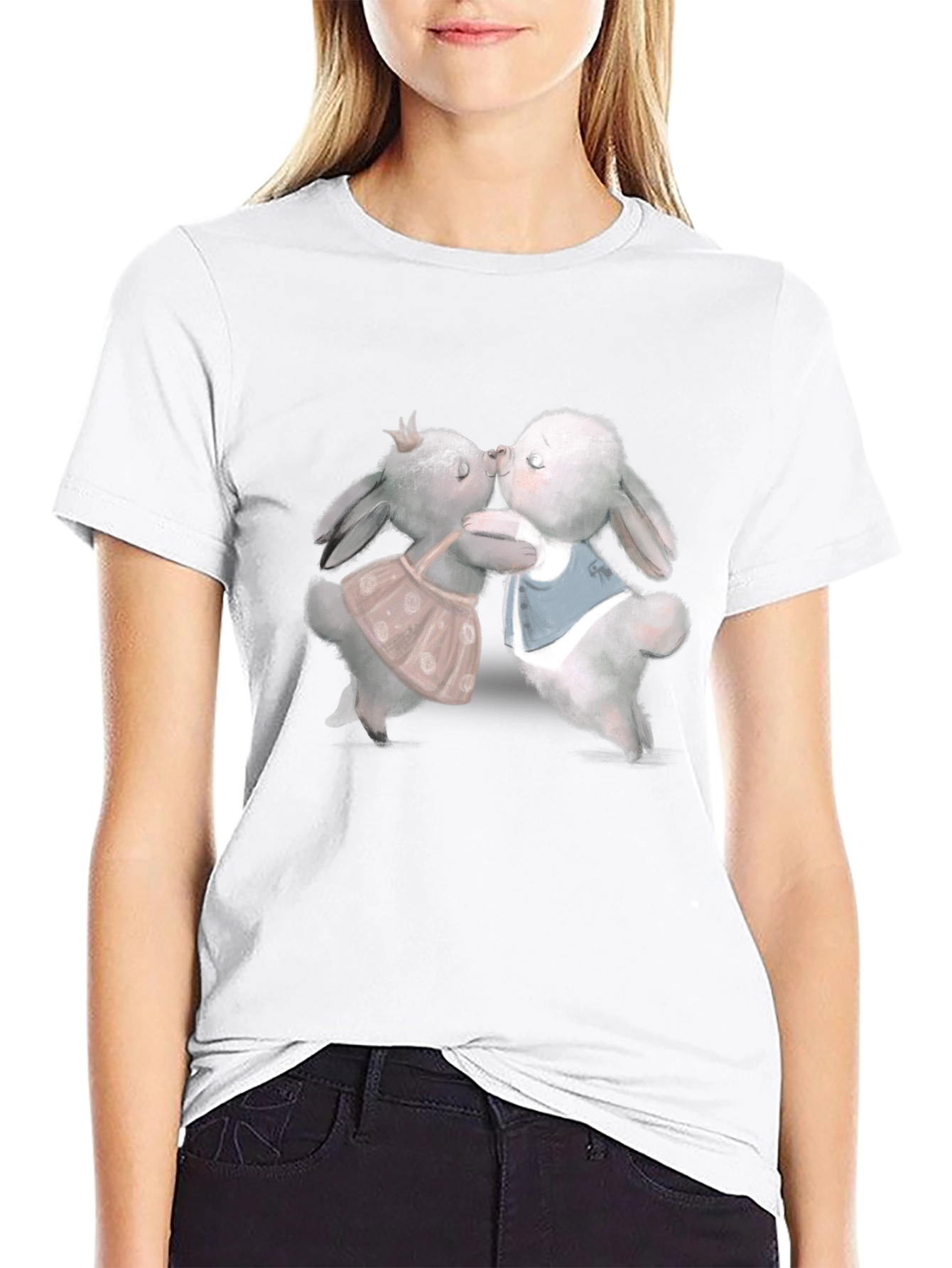 Cute Rabbit Kissing Graphic Tee - Black T-Shirt
