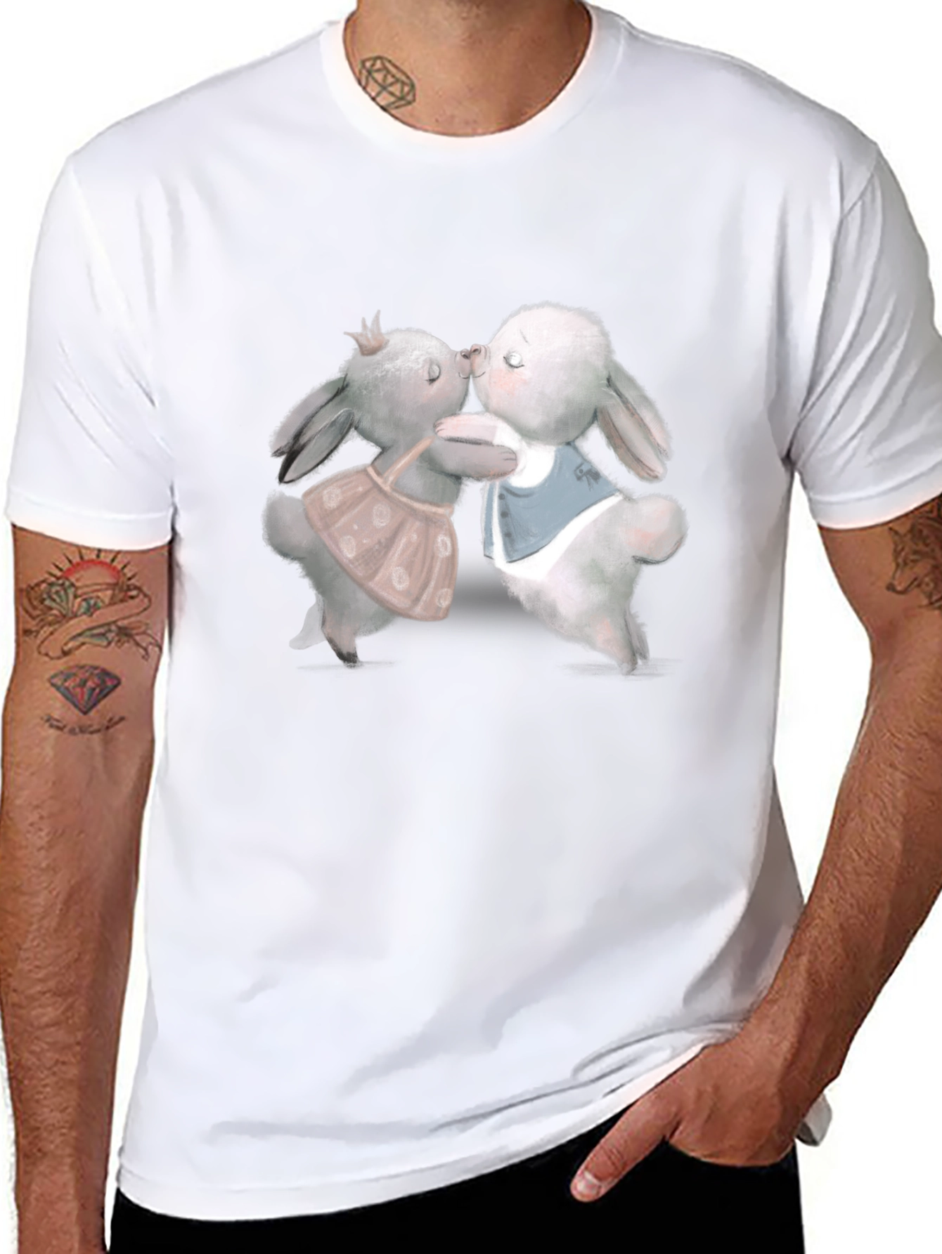 Cute Rabbit Kissing Graphic Tee - Black T-Shirt