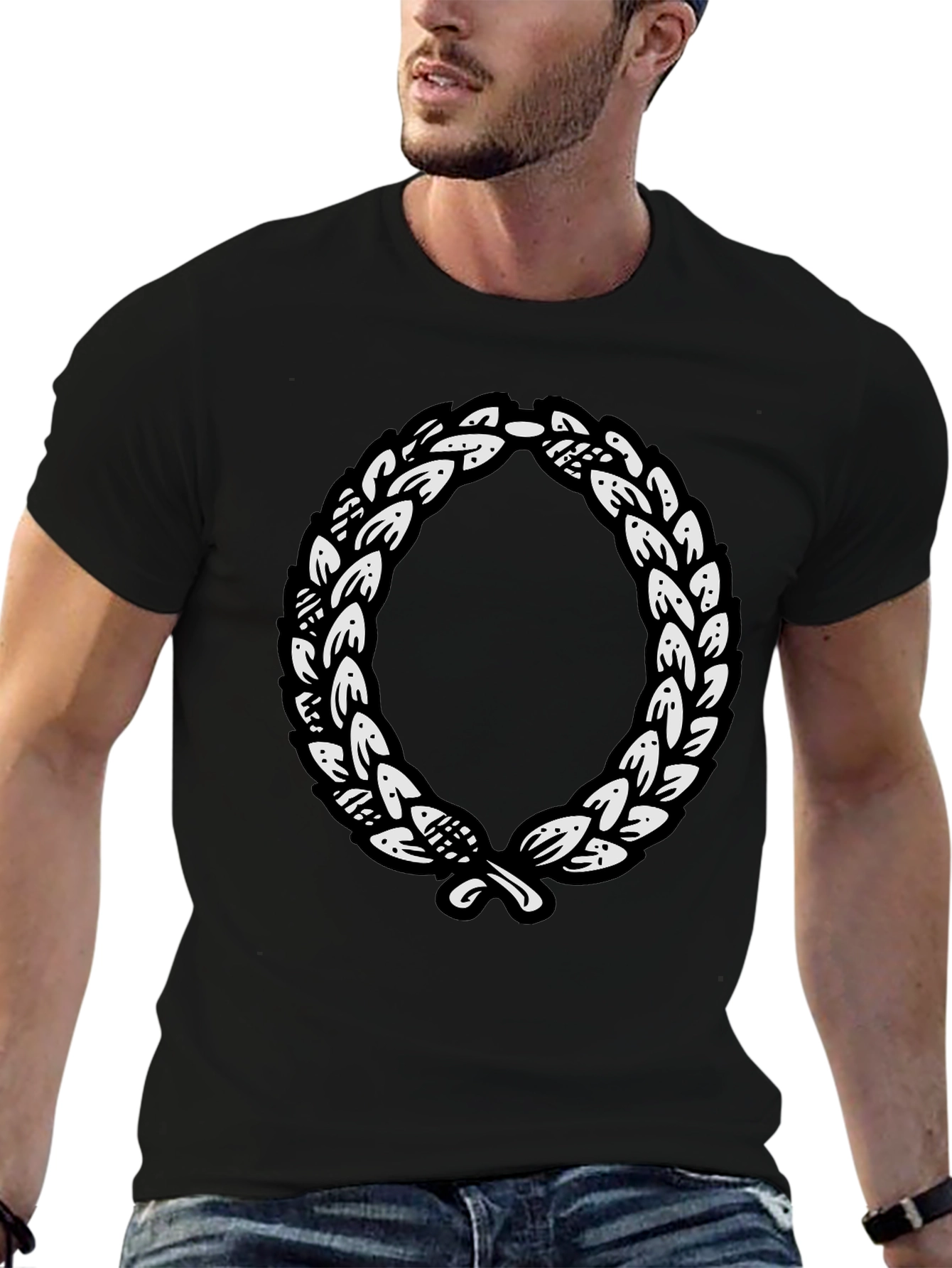 Black T-Shirt with Laurel Wreath Graphic