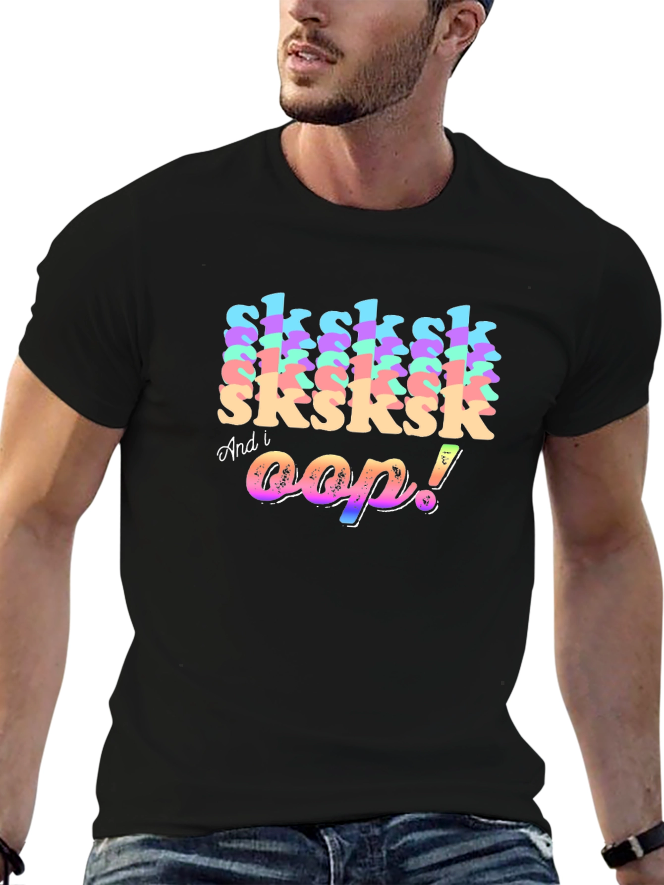 Sksksk and I Oop! Rainbow Text Graphic Tee