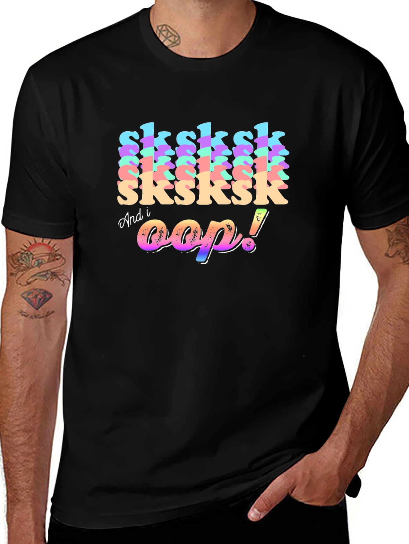 Sksksk and I Oop! Rainbow Text Graphic Tee