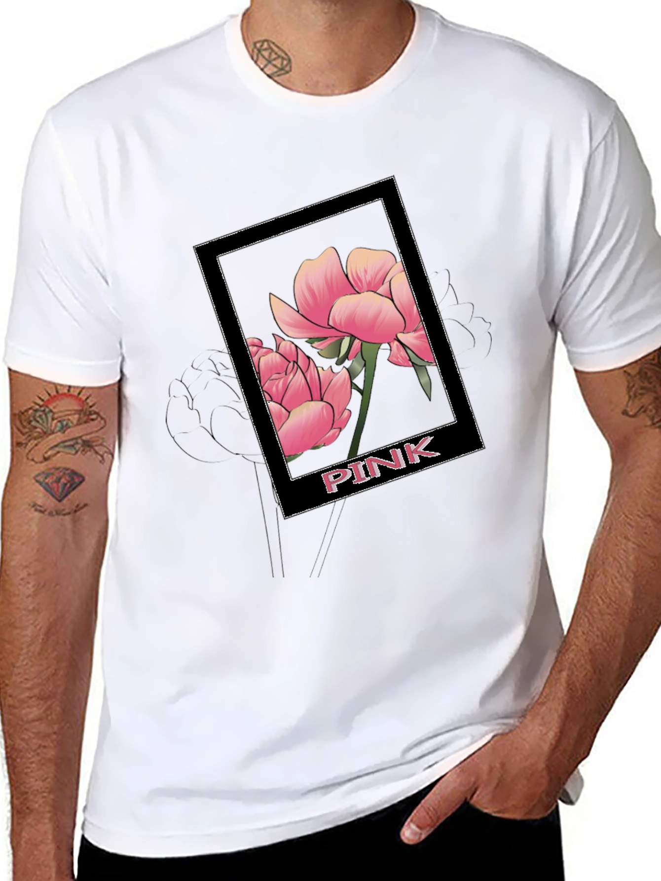 Pink Flower Graphic Black T-Shirt