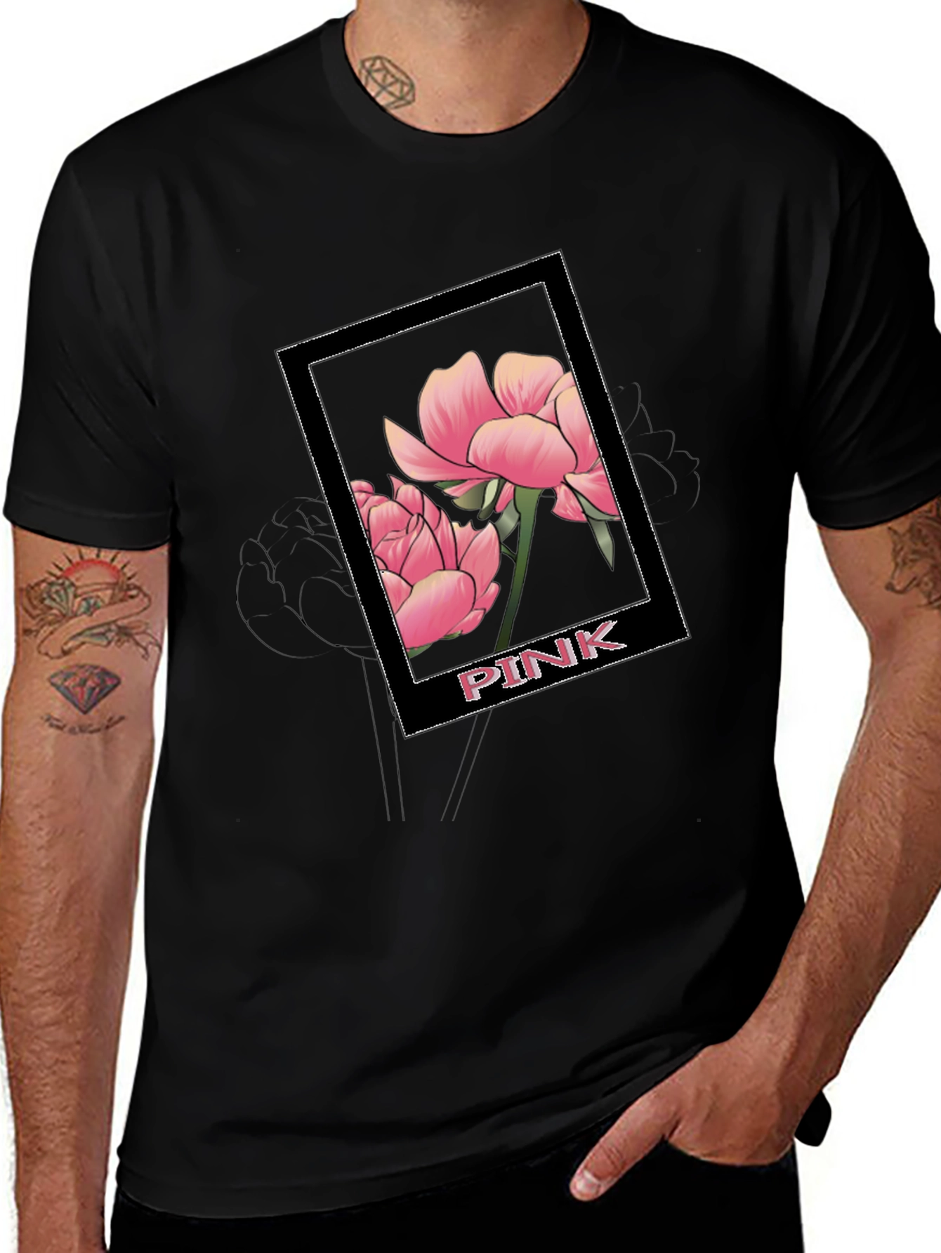 Pink Flower Graphic Black T-Shirt