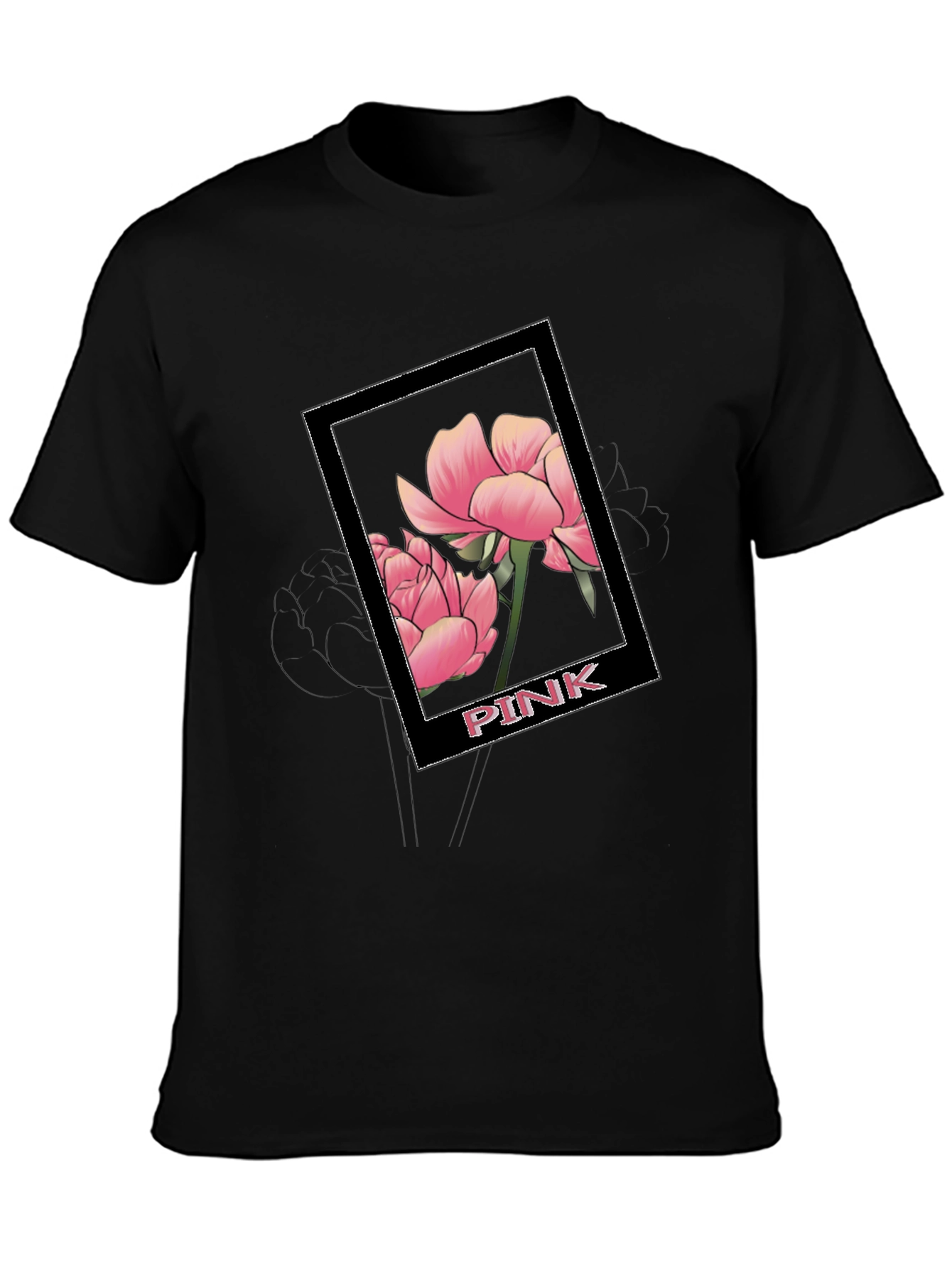 Pink Flower Graphic Black T-Shirt