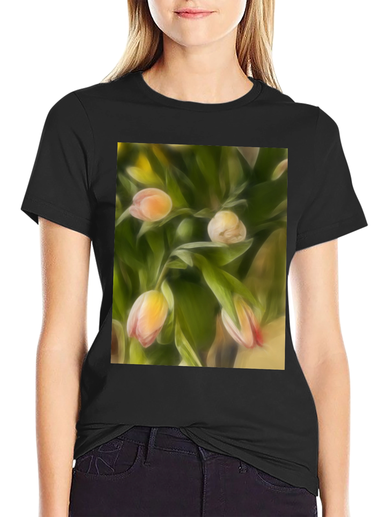 Floral Print Graphic Tee - Artistic Tulip Design