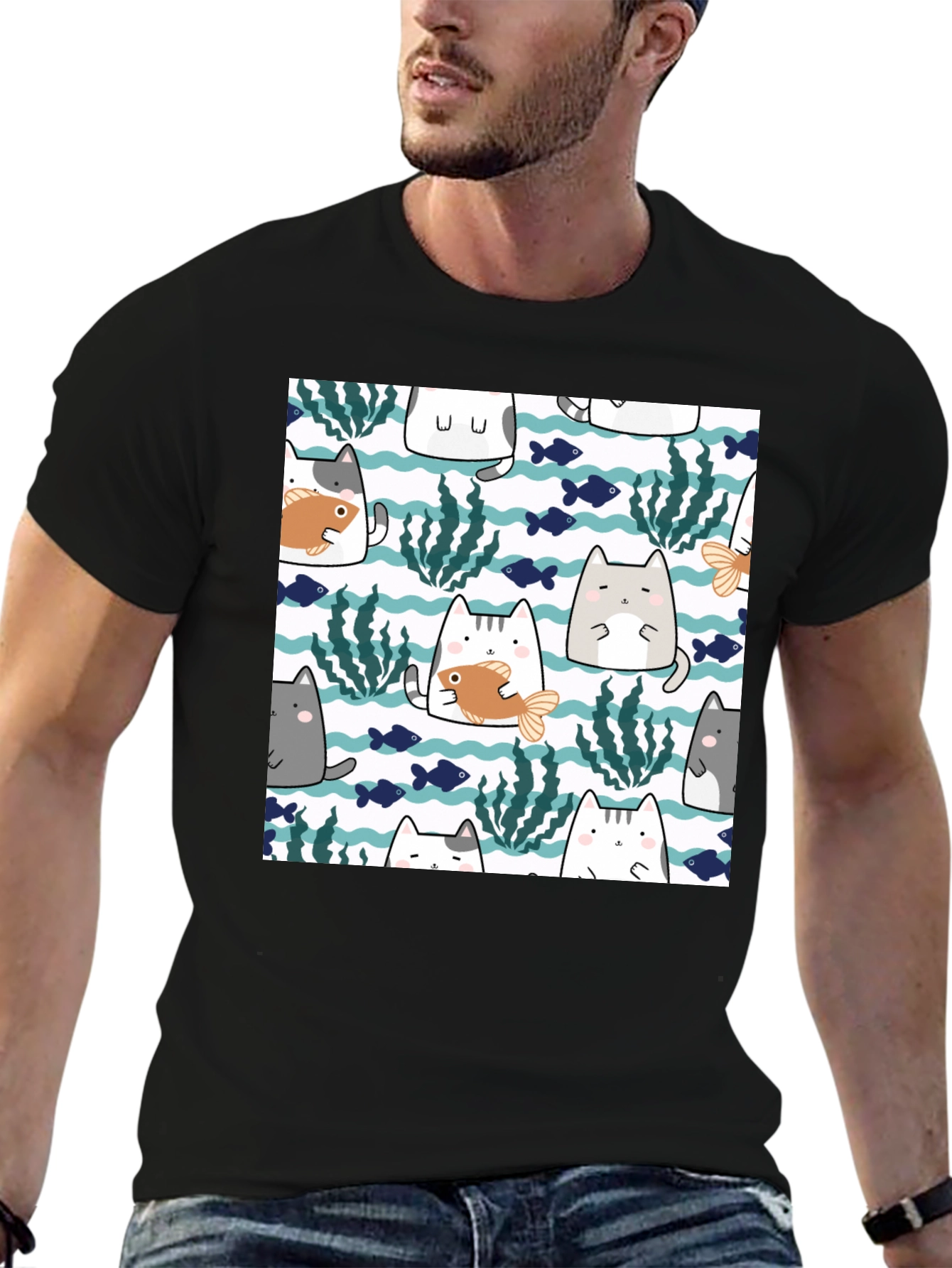 Fun Cat & Fish Graphic Tee - Black