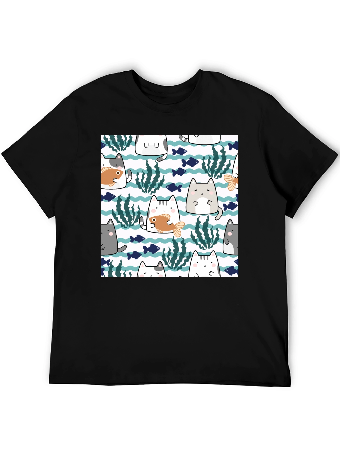 Fun Cat & Fish Graphic Tee - Black