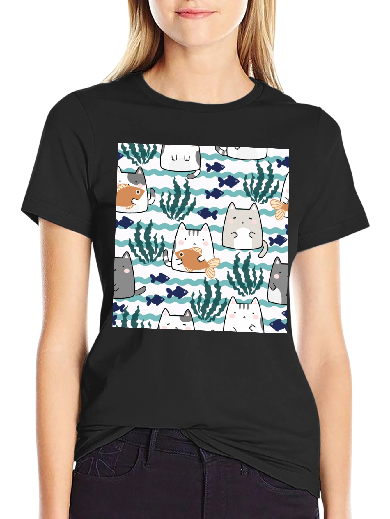 Fun Cat & Fish Graphic Tee - Black