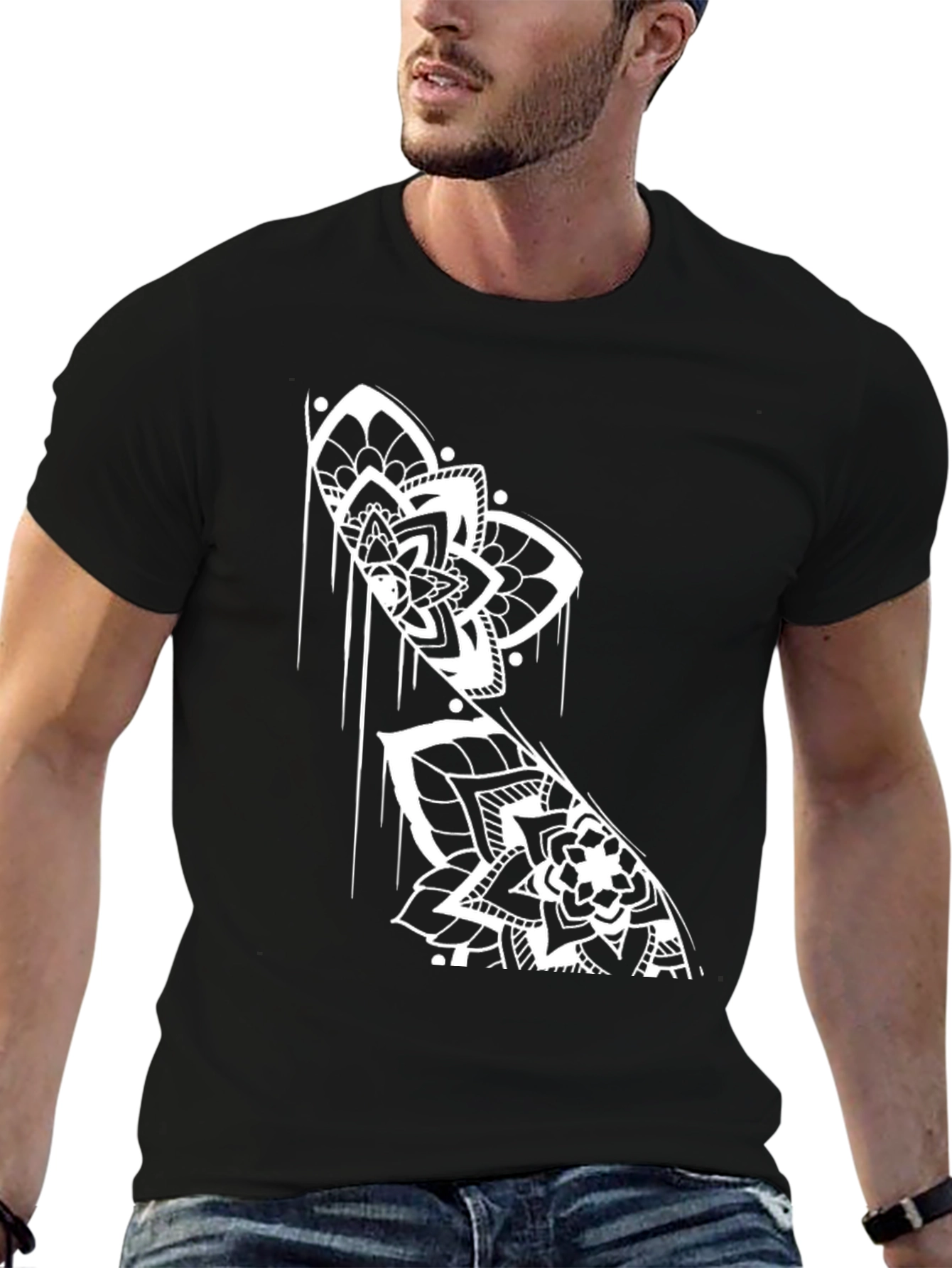 Black T-Shirt with White Mandala Print