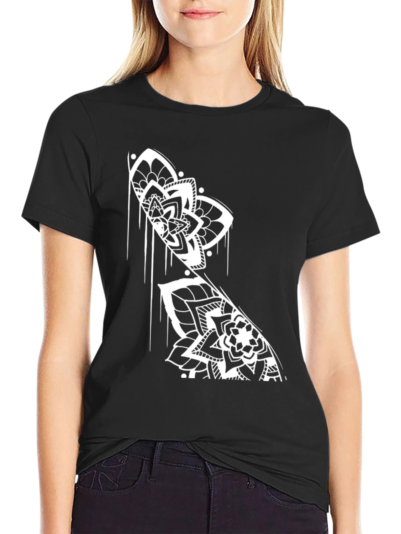 Black T-Shirt with White Mandala Print