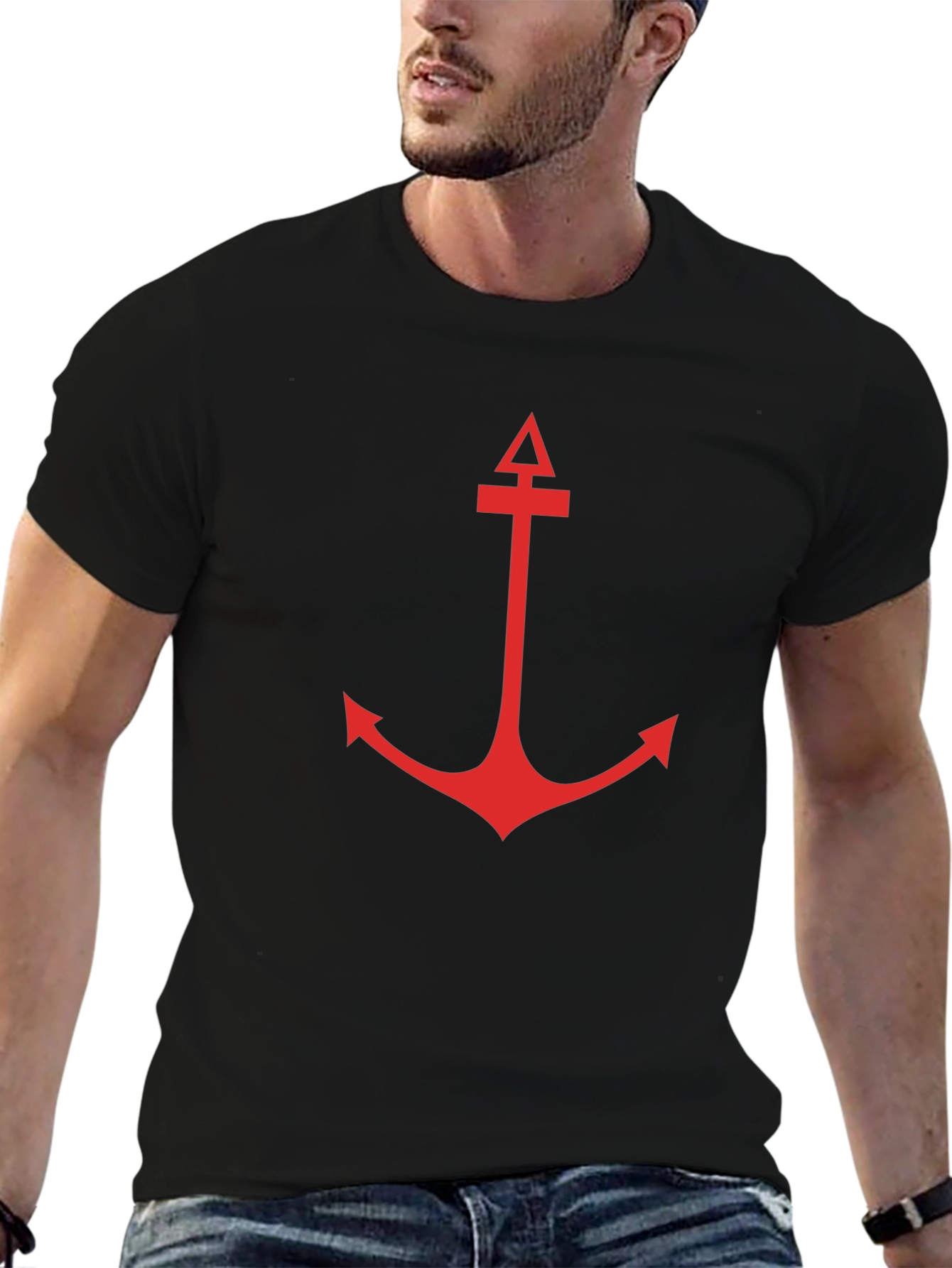Mens Black T-Shirt with Red Anchor Graphic