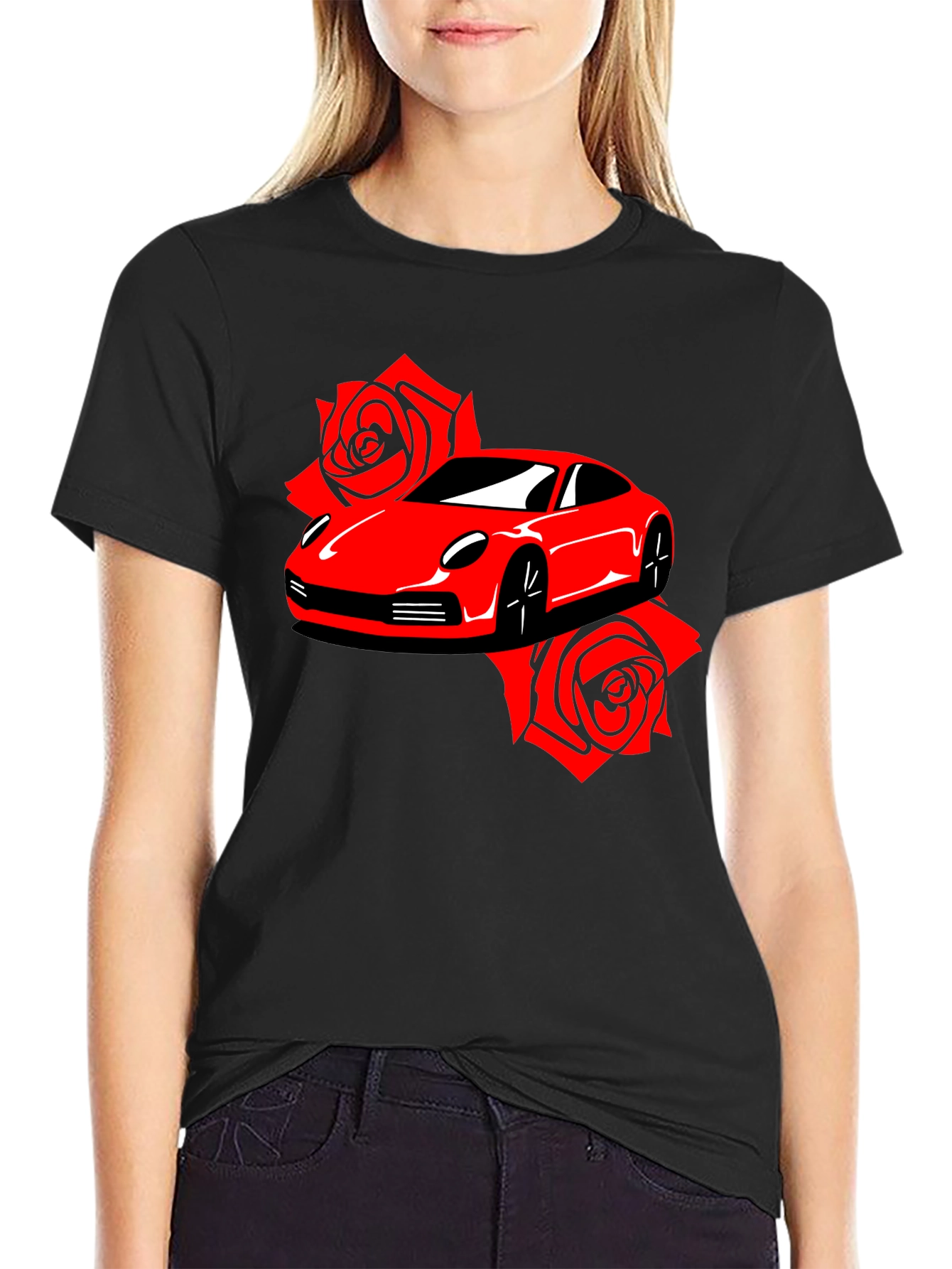 Red Car & Roses Graphic T-Shirt