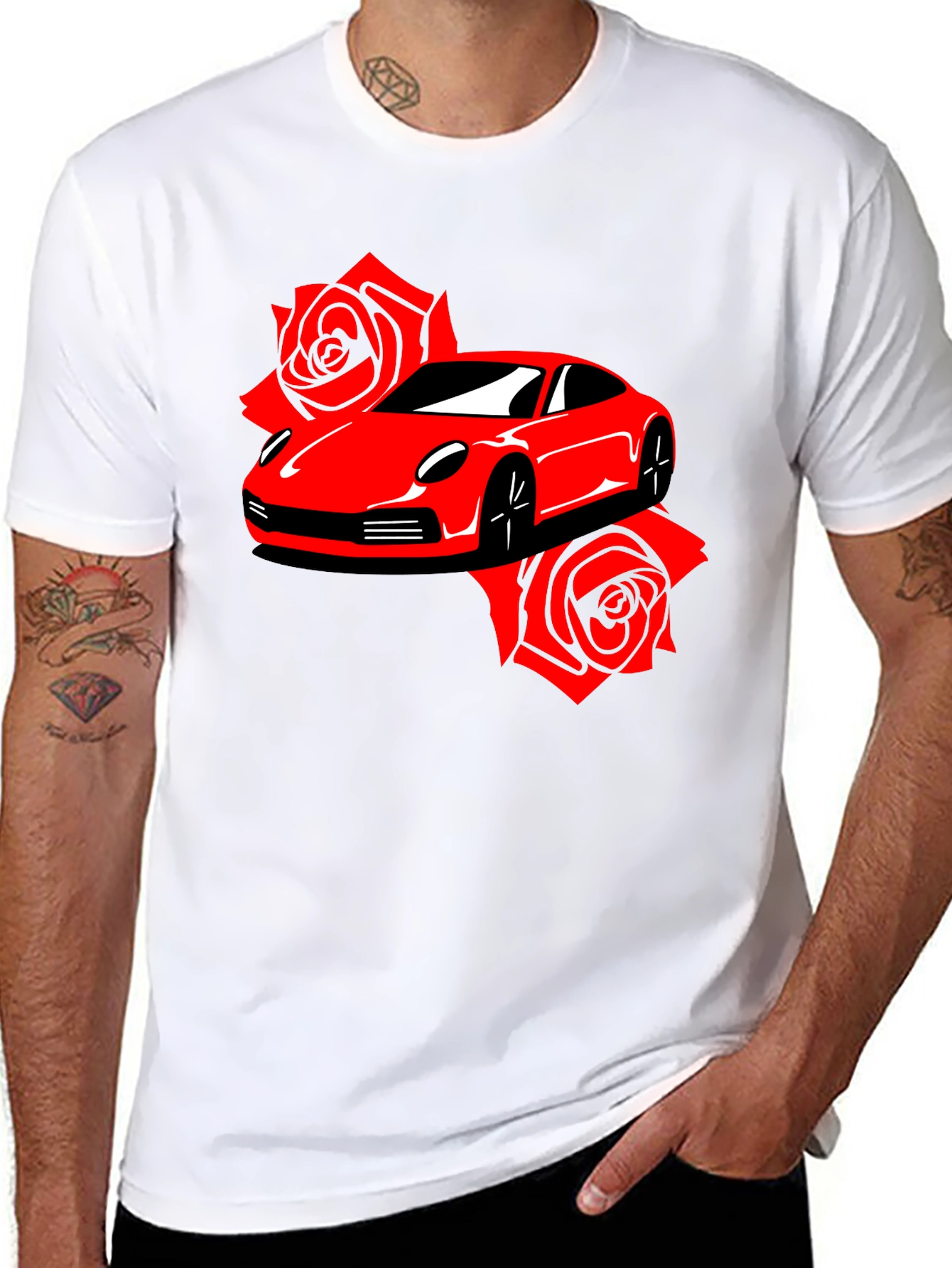 Red Car & Roses Graphic T-Shirt