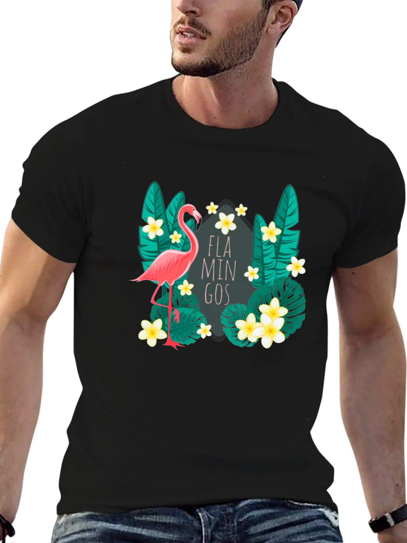 Tropical Flamingo Graphic Tee - Black