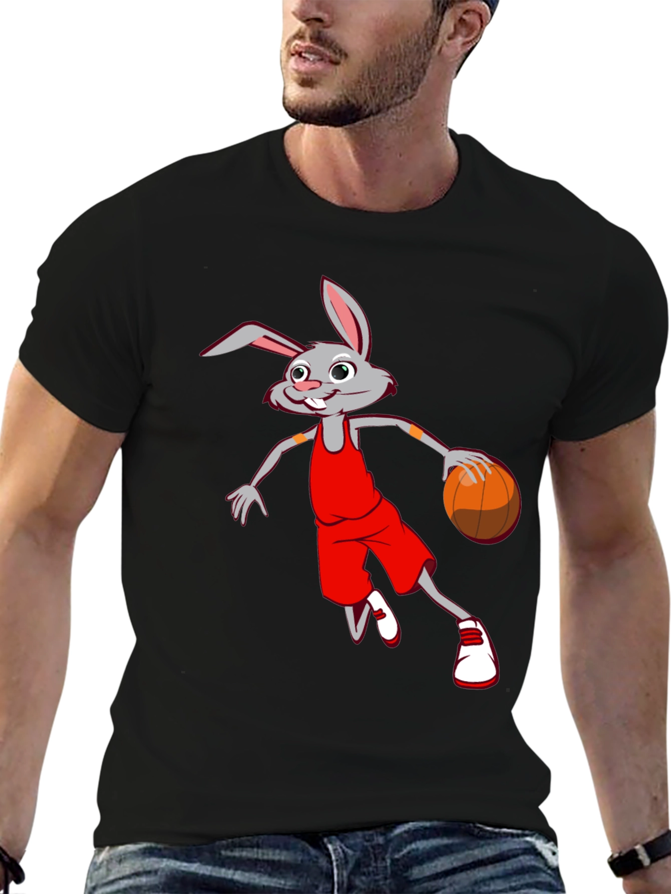 Cartoon Rabbit Basketball Black T-Shirt