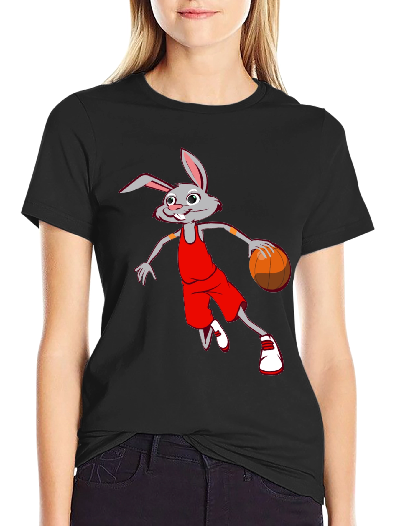Cartoon Rabbit Basketball Black T-Shirt