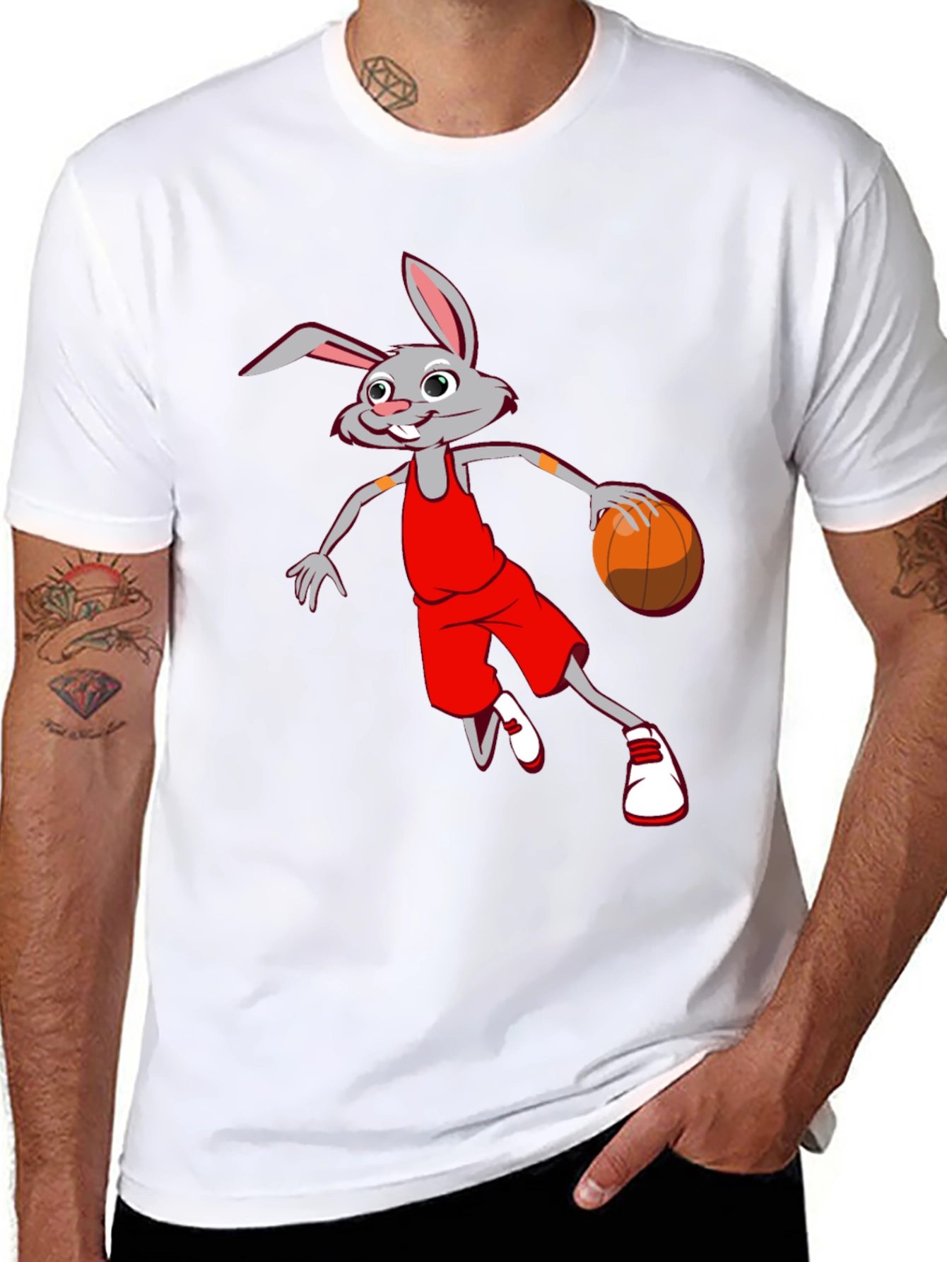 Cartoon Rabbit Basketball Black T-Shirt