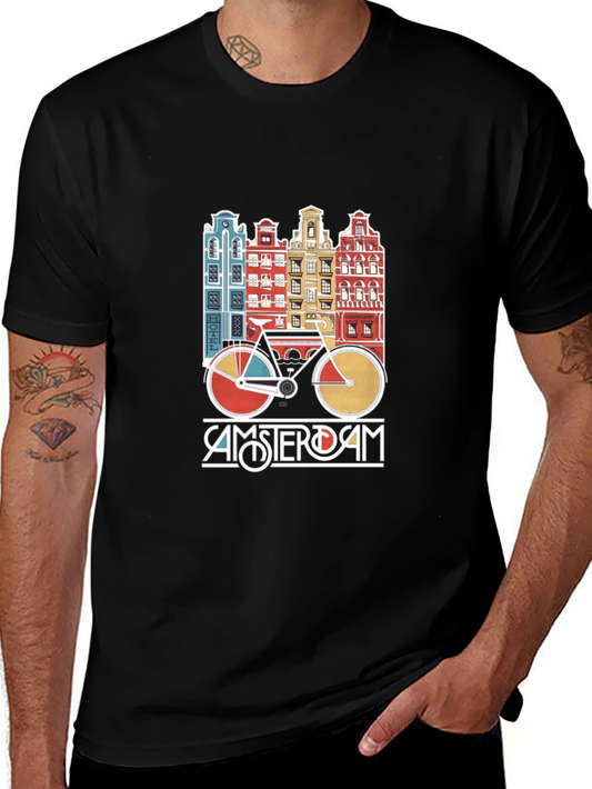 Amsterdam Bicycle T-Shirt - Retro Cityscape Design