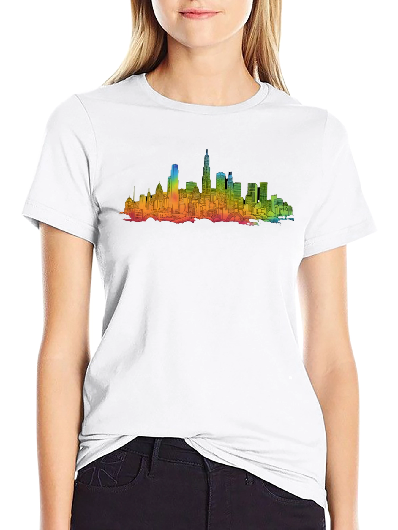 Rainbow Cityscape Graphic Tee - Black Cotton Blend