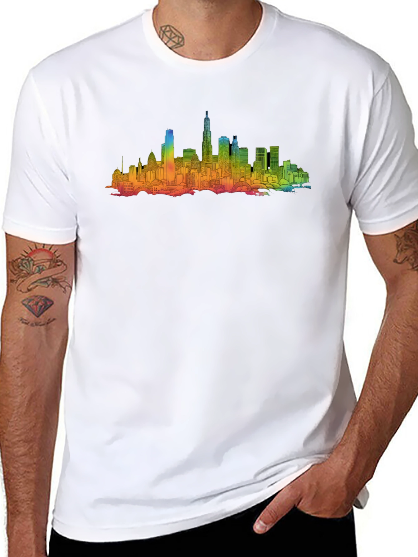 Rainbow Cityscape Graphic Tee - Black Cotton Blend