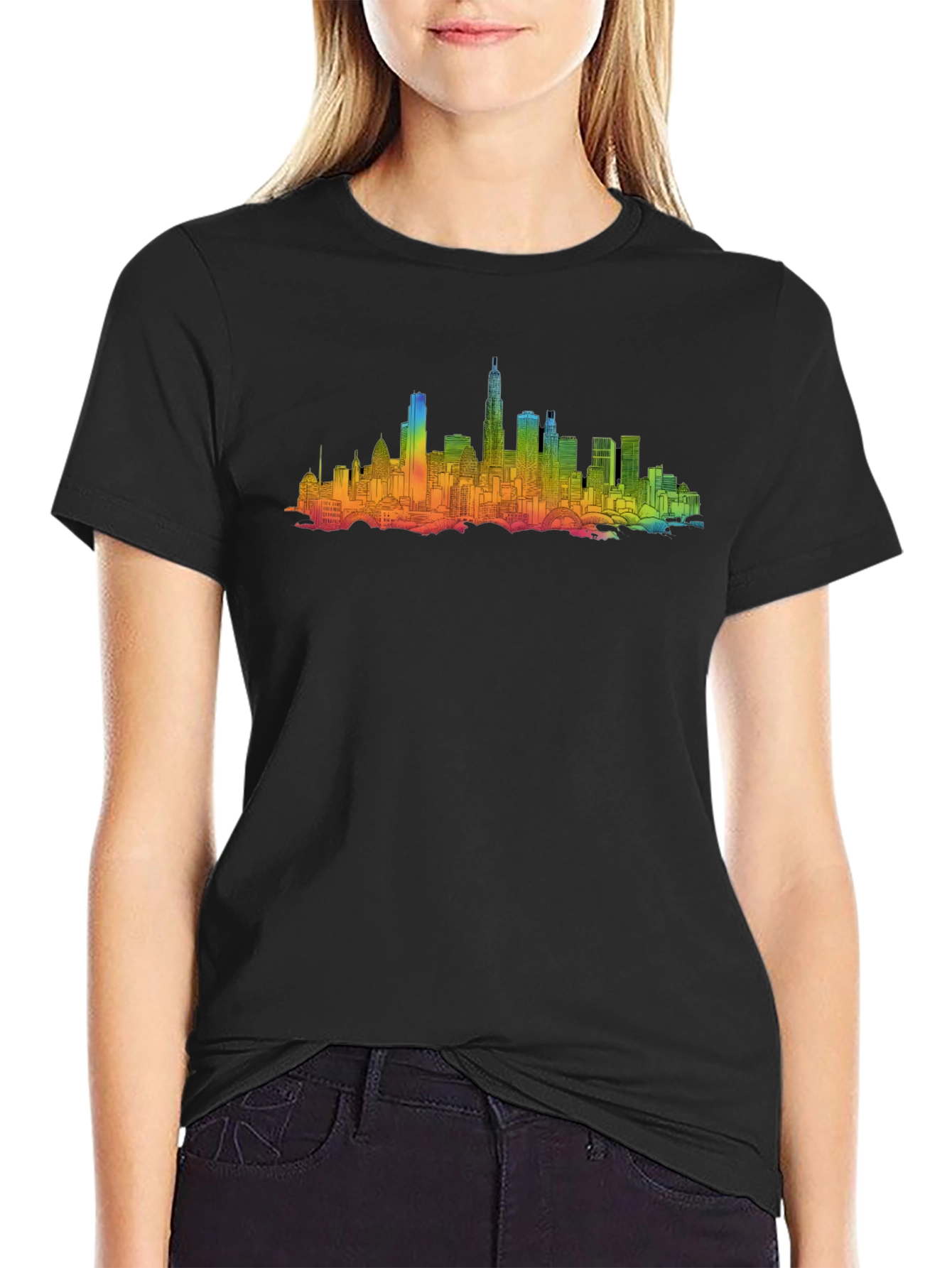Rainbow Cityscape Graphic Tee - Black Cotton Blend