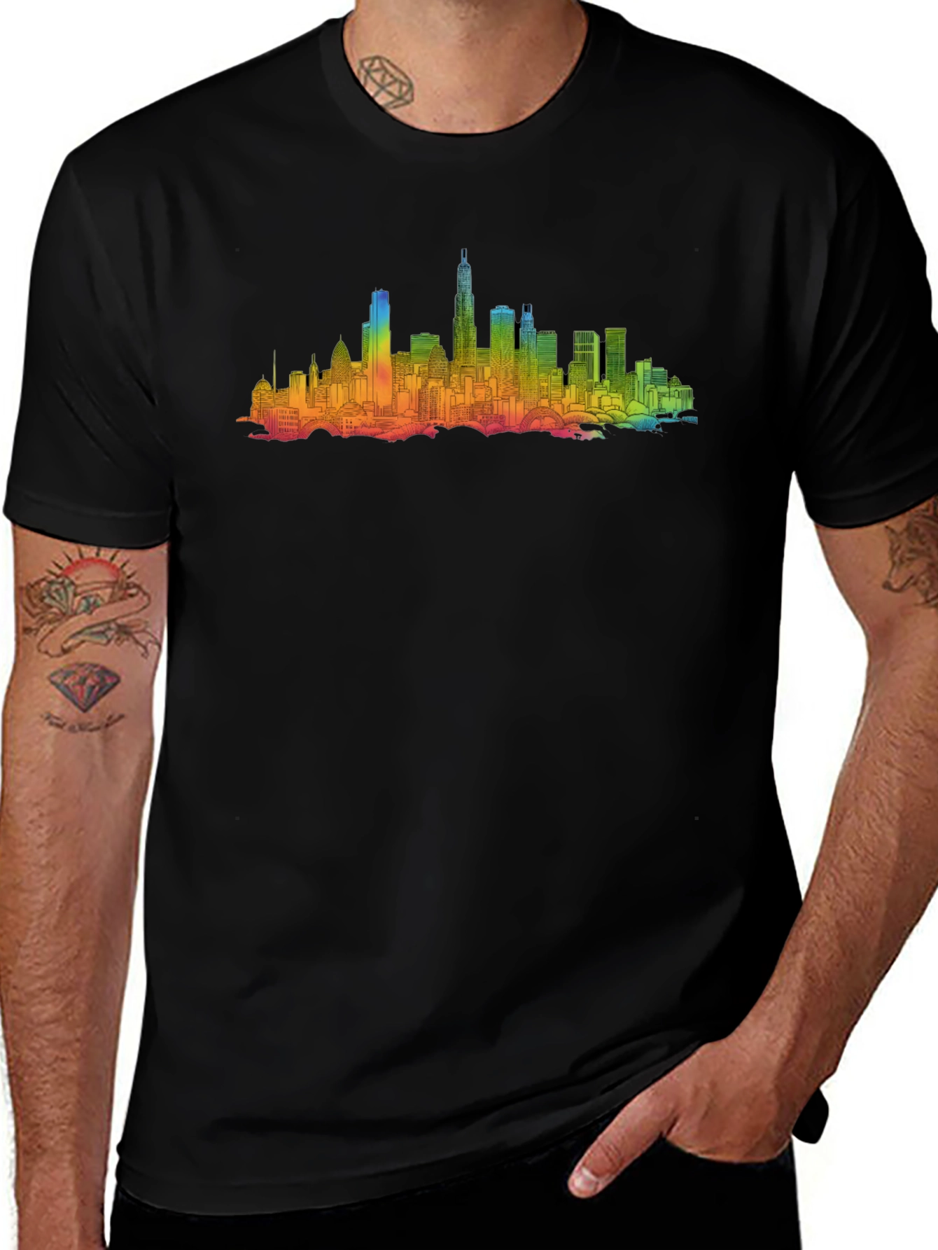 Rainbow Cityscape Graphic Tee - Black Cotton Blend