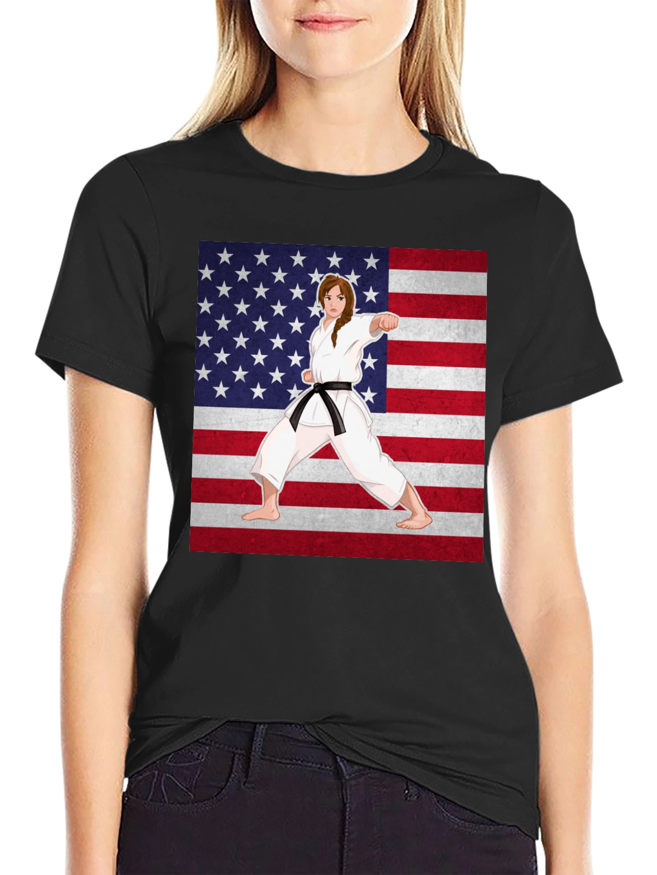 Karate Girl USA Flag T-Shirt - Martial Arts Pride