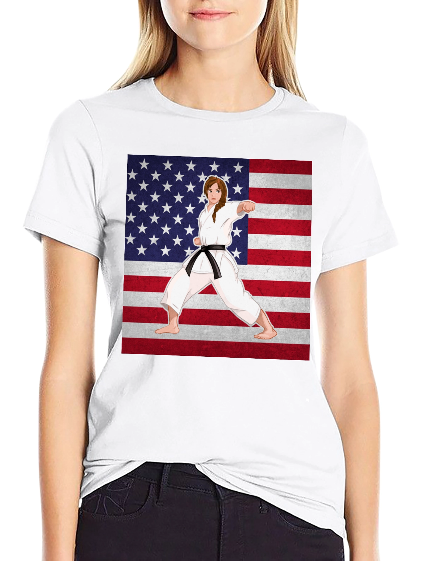 Karate Girl USA Flag T-Shirt - Martial Arts Pride