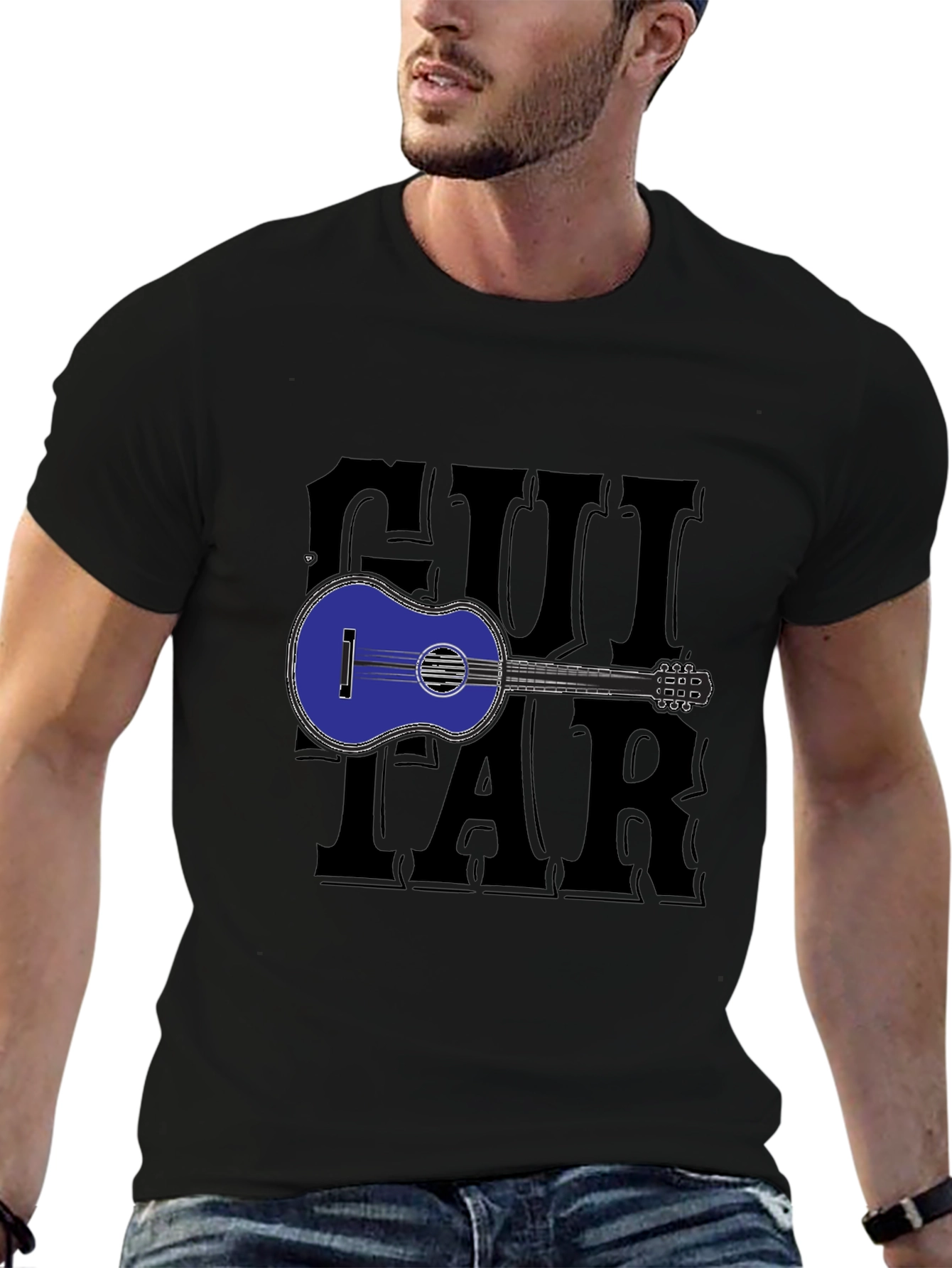 Guitar Graphic Print Black T-Shirt
