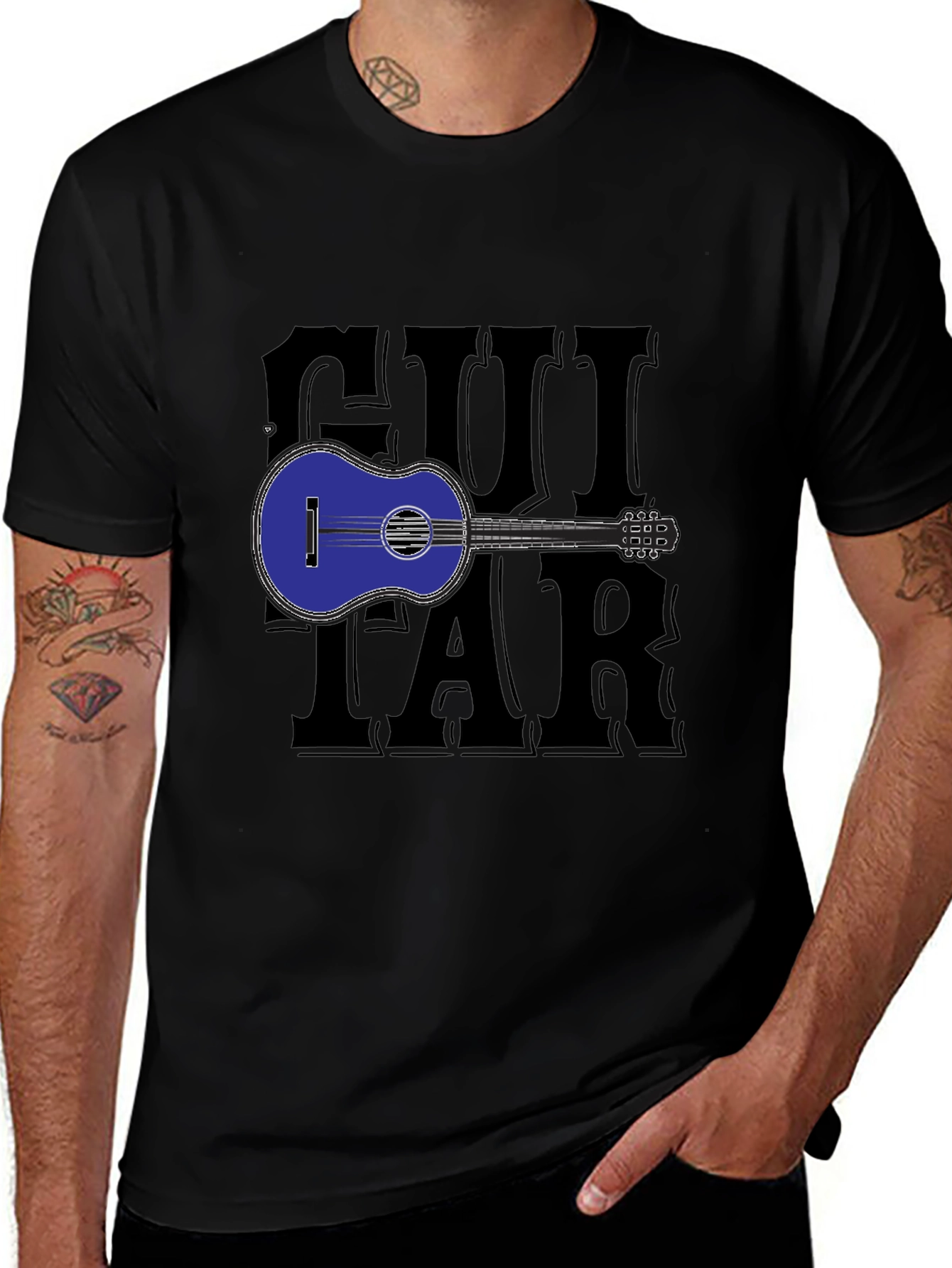 Guitar Graphic Print Black T-Shirt