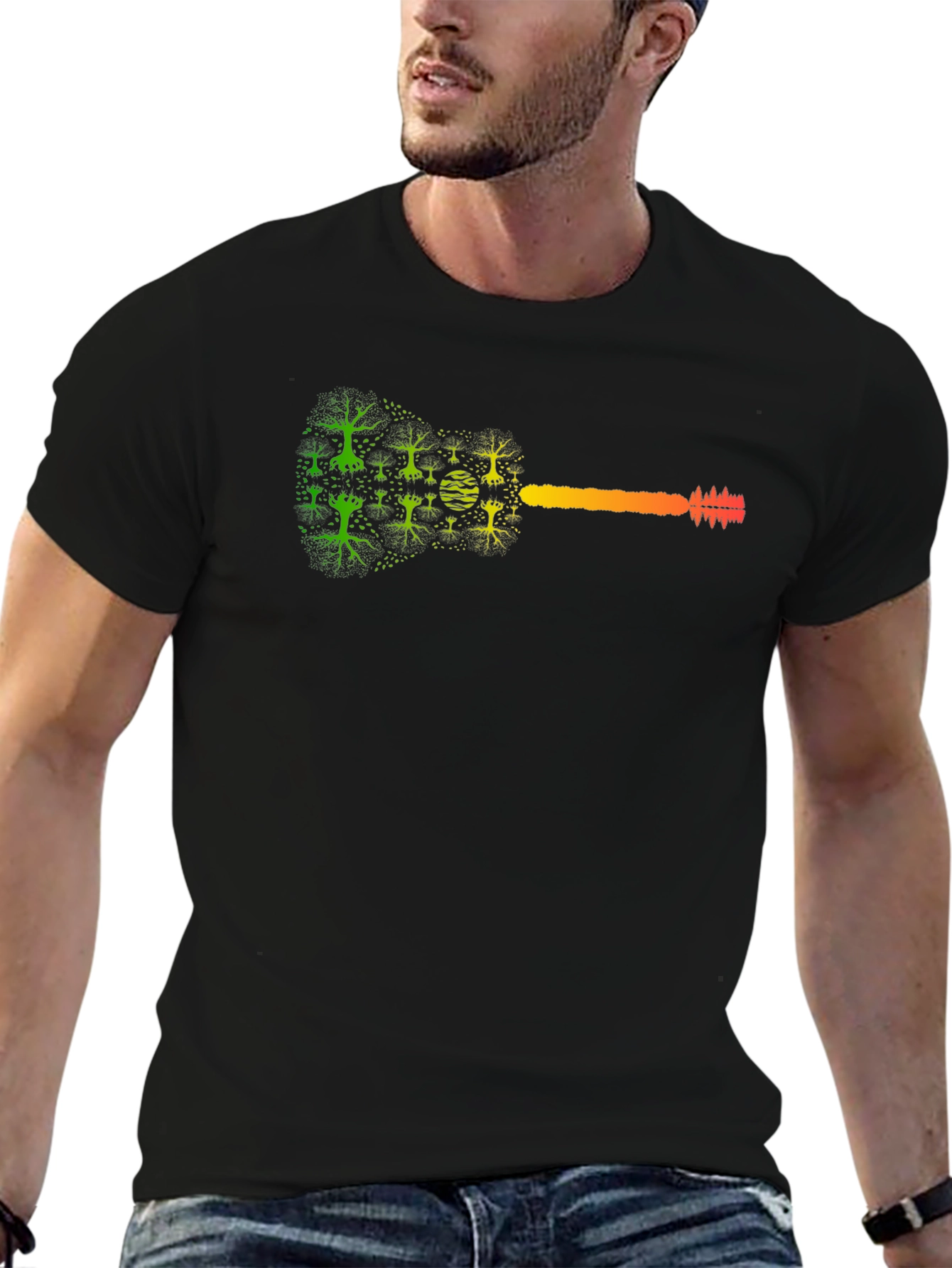 Nature Guitar Graphic Tee - Black Cotton T-Shirt
