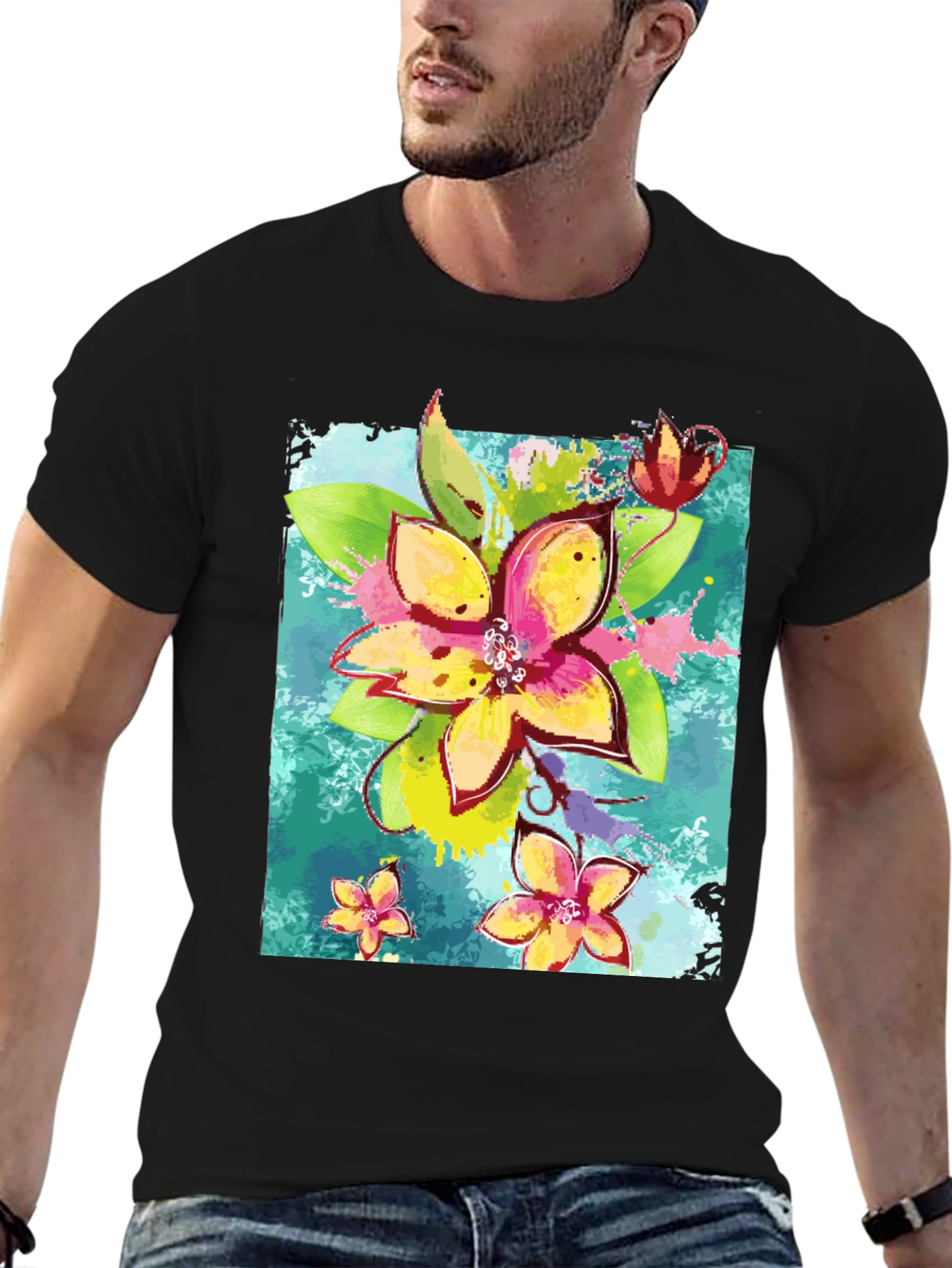 Floral Print Mens Black T-Shirt