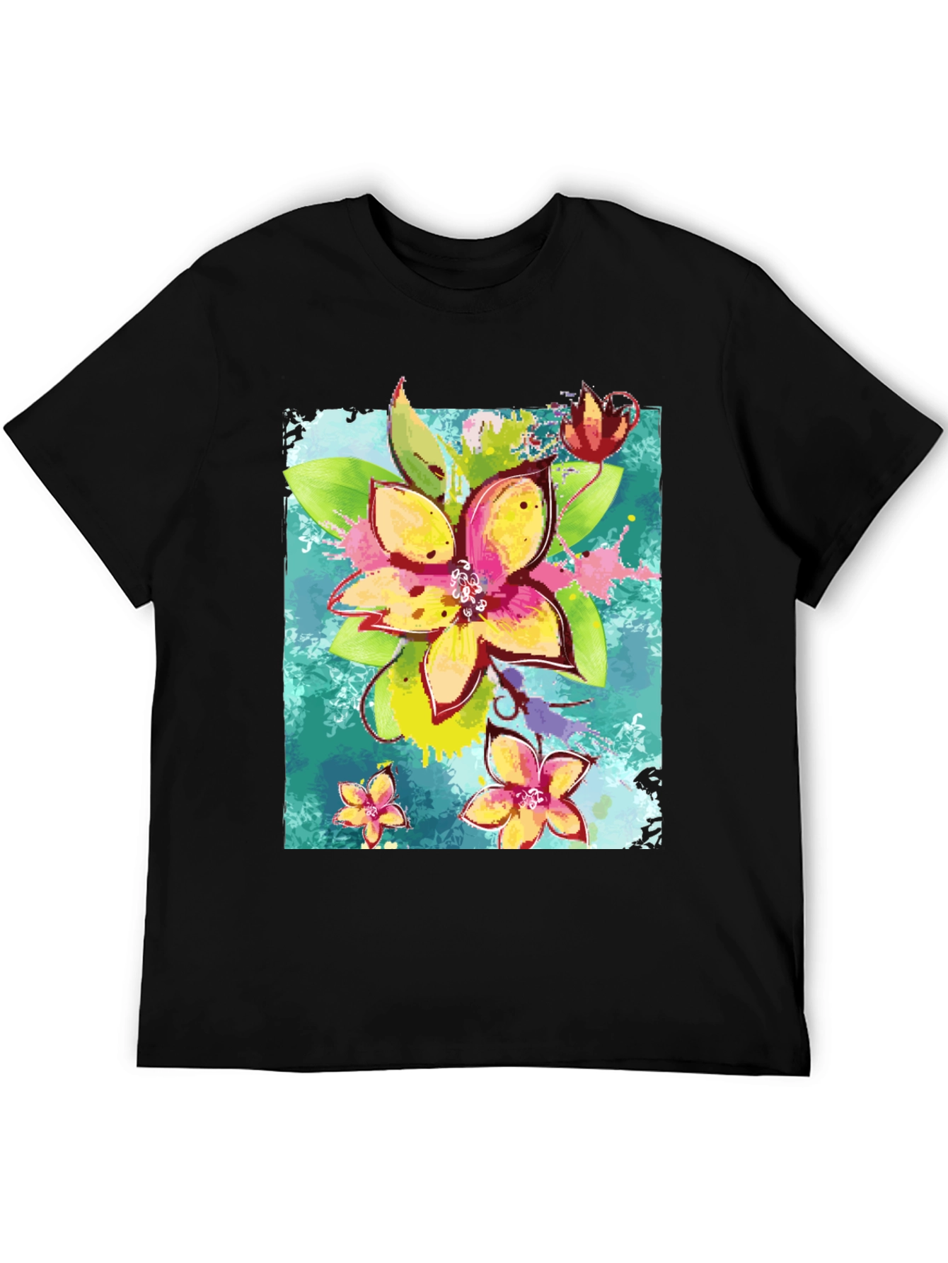 Floral Print Mens Black T-Shirt