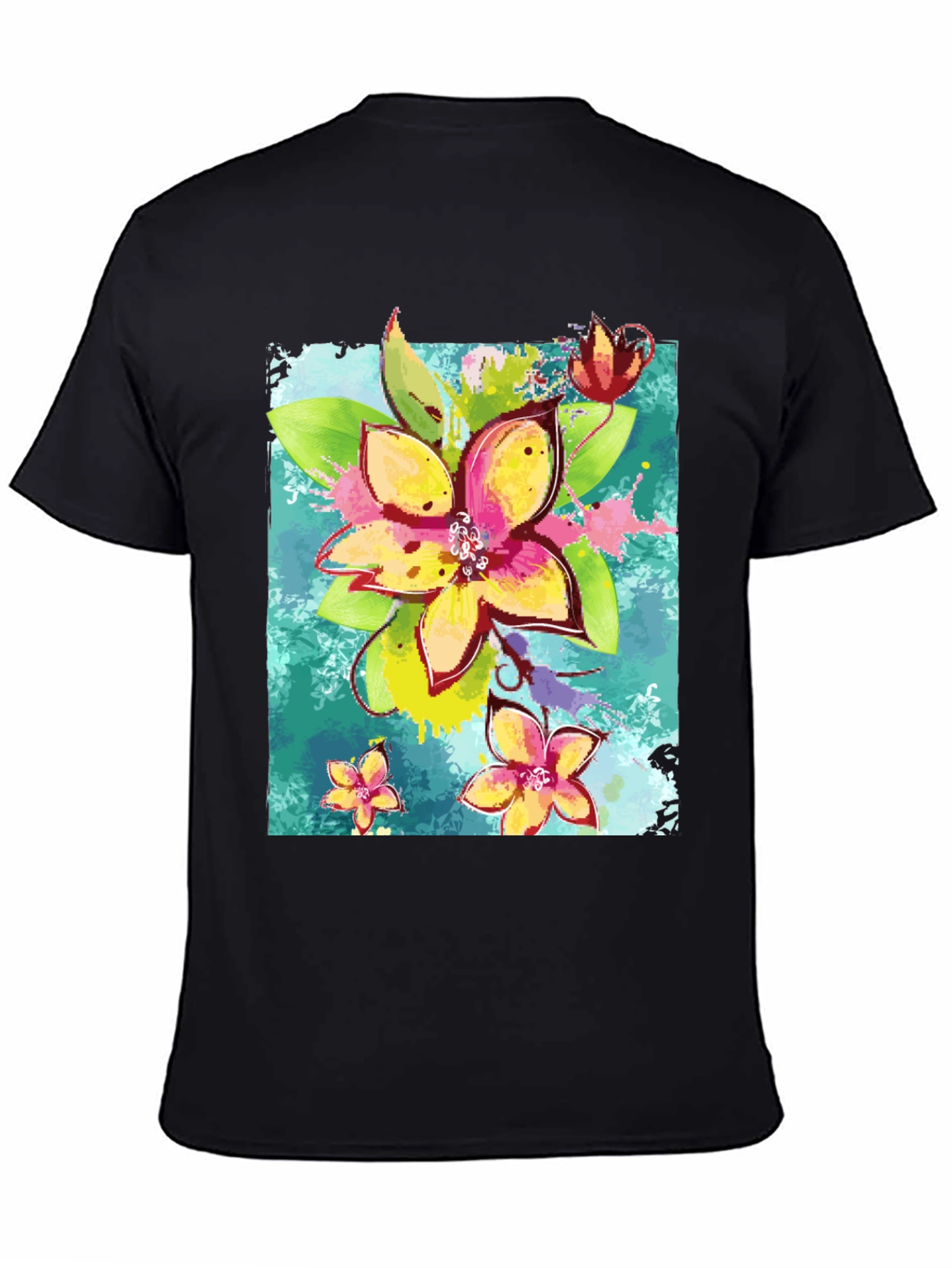 Floral Print Mens Black T-Shirt