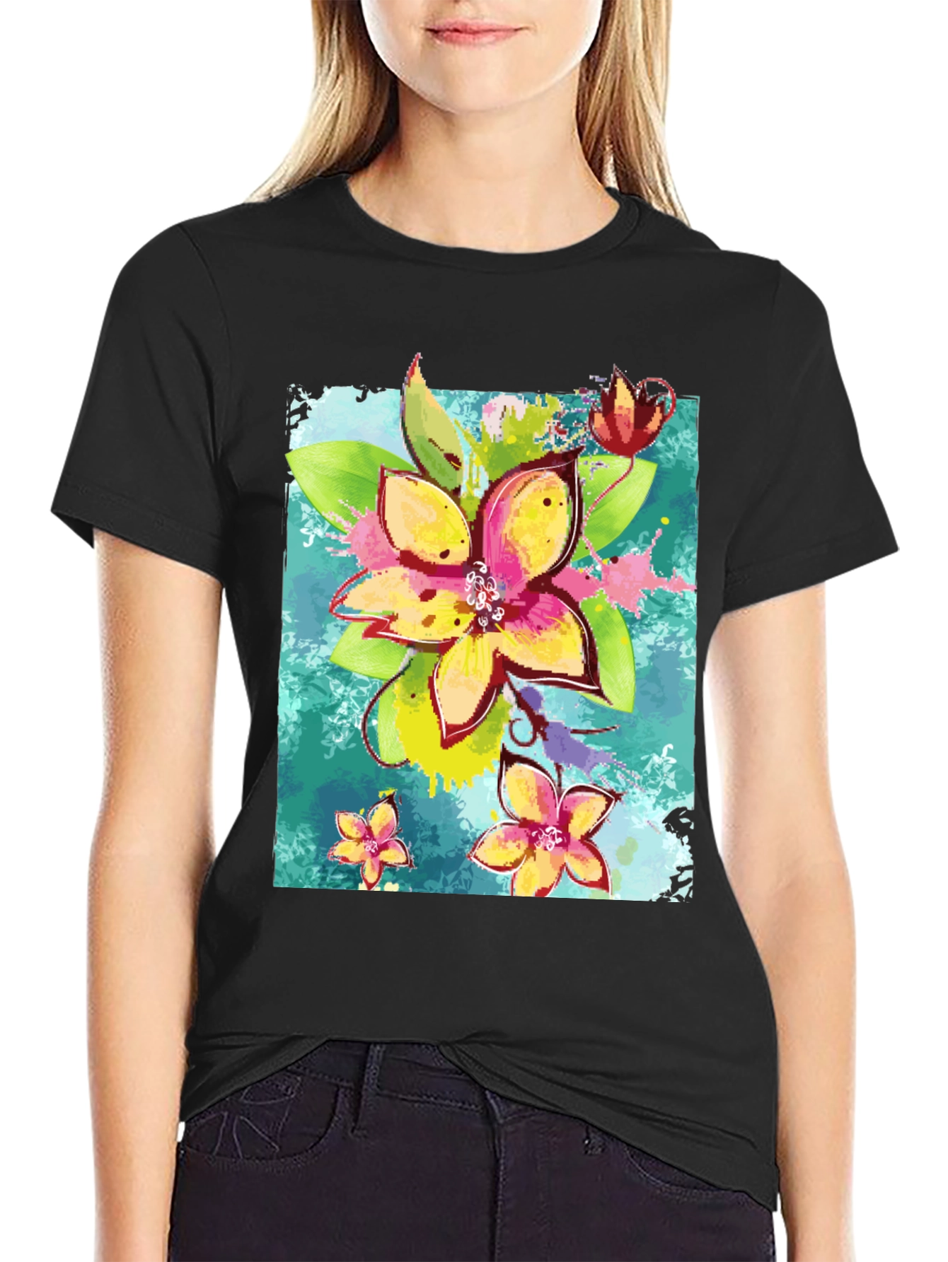 Floral Print Mens Black T-Shirt