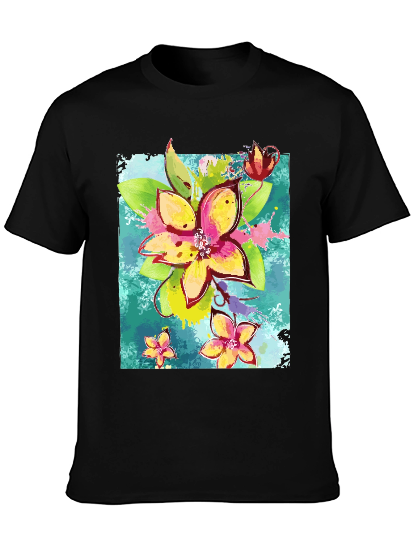 Floral Print Mens Black T-Shirt