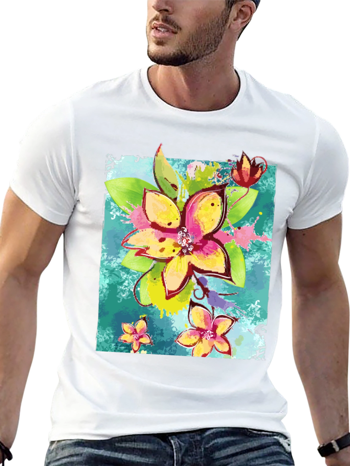 Floral Print Mens Black T-Shirt