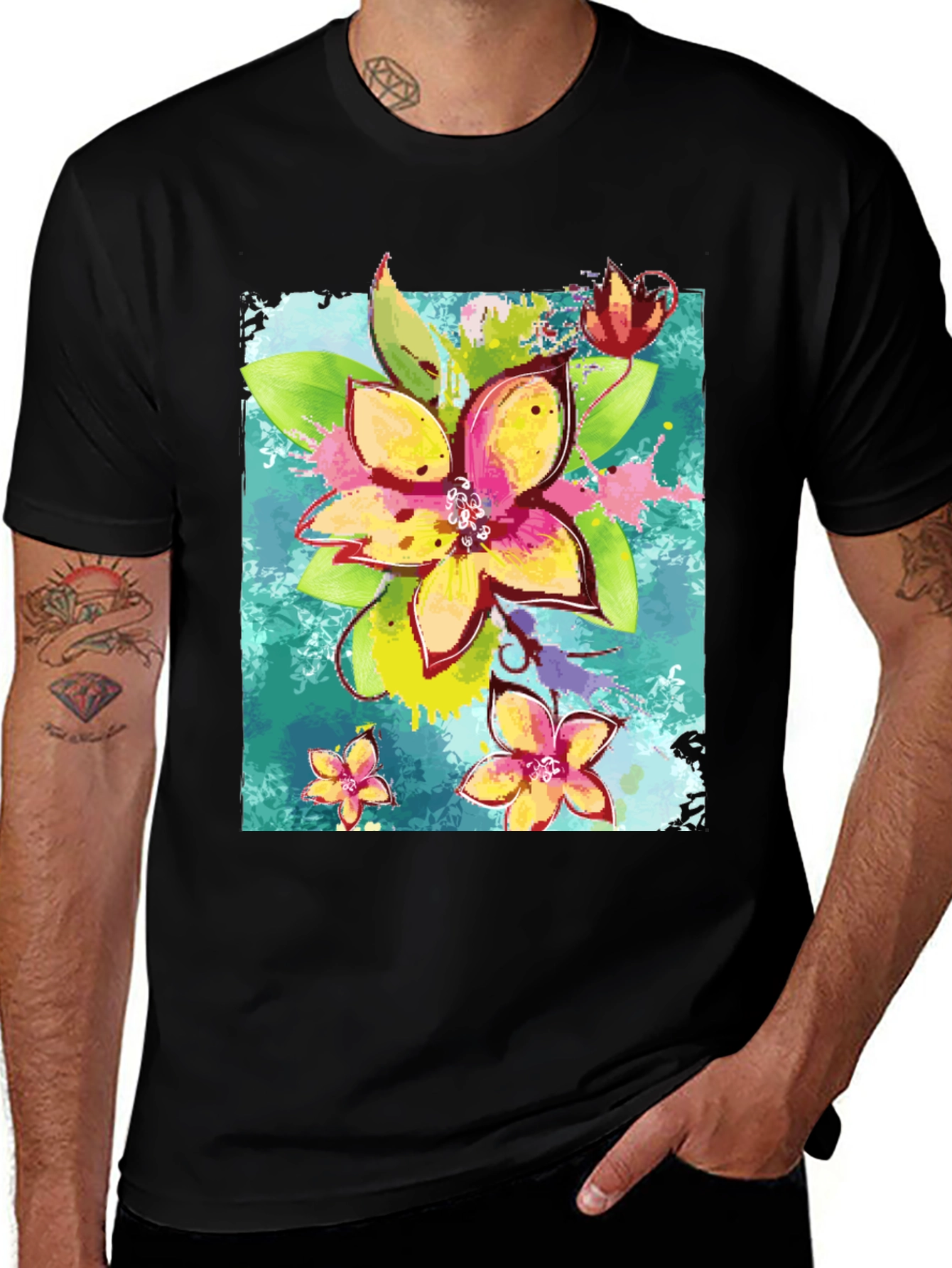 Floral Print Mens Black T-Shirt