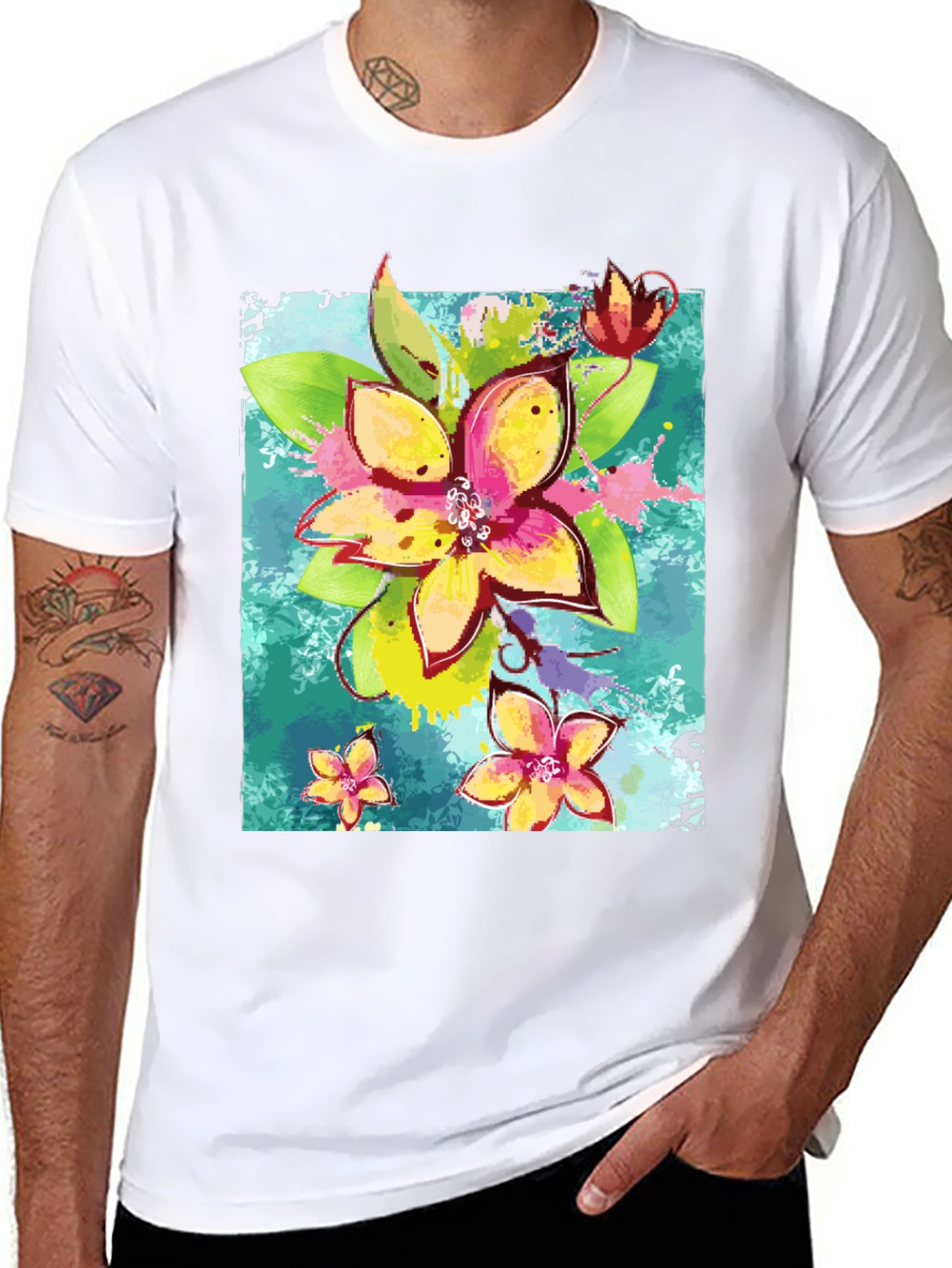 Floral Print Mens Black T-Shirt