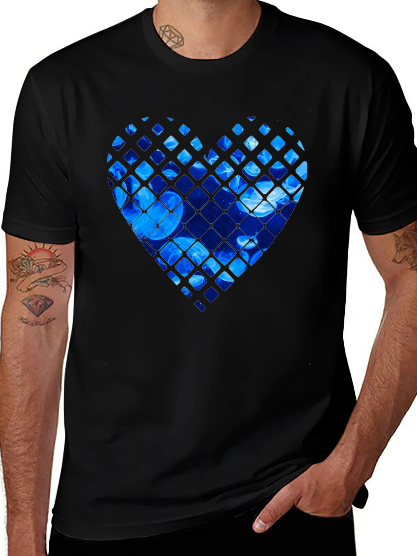 Blue Jellyfish Heart Graphic Black T-Shirt