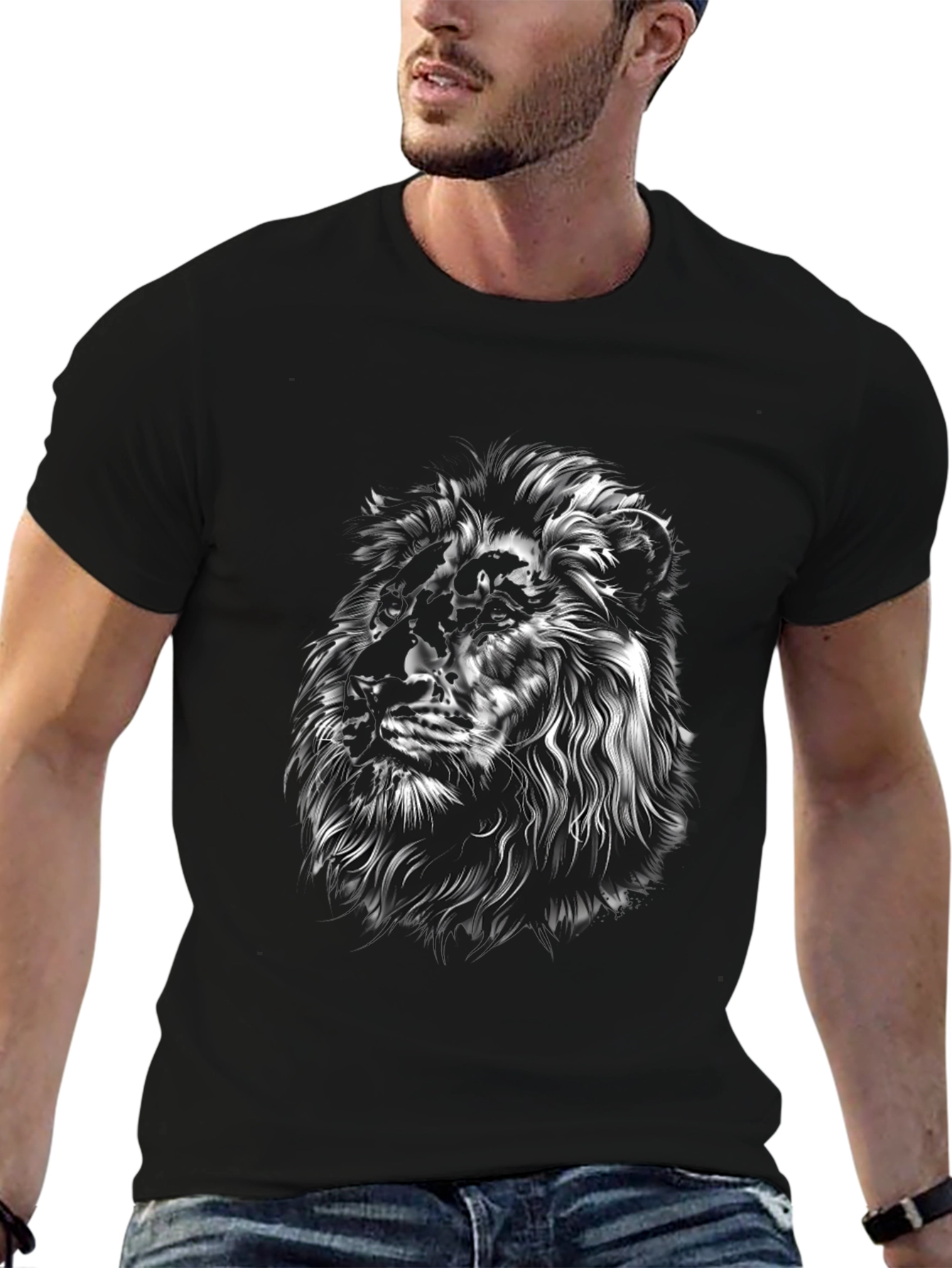 Lion Graphic Tee - Black Crew Neck T-Shirt