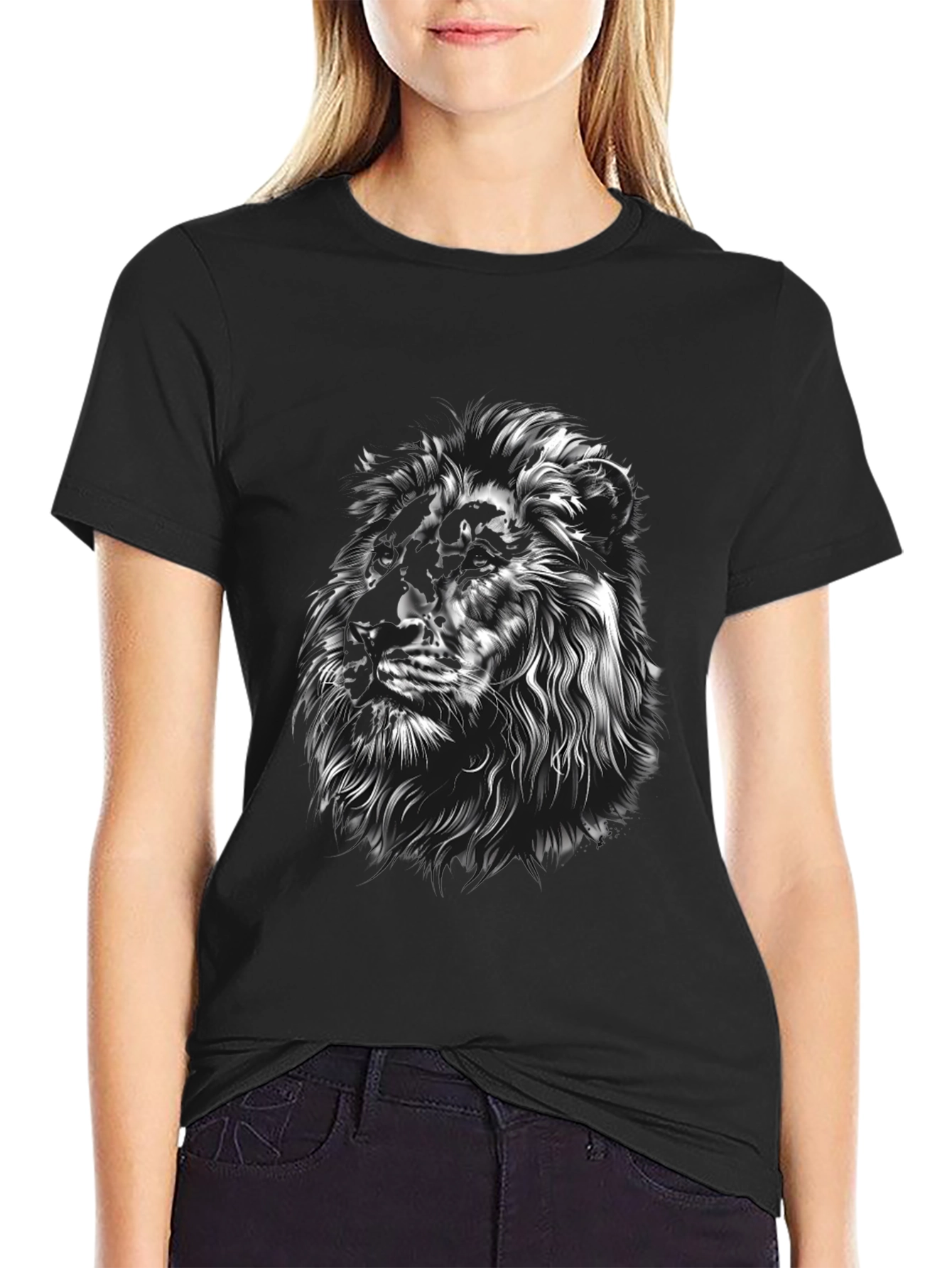 Lion Graphic Tee - Black Crew Neck T-Shirt
