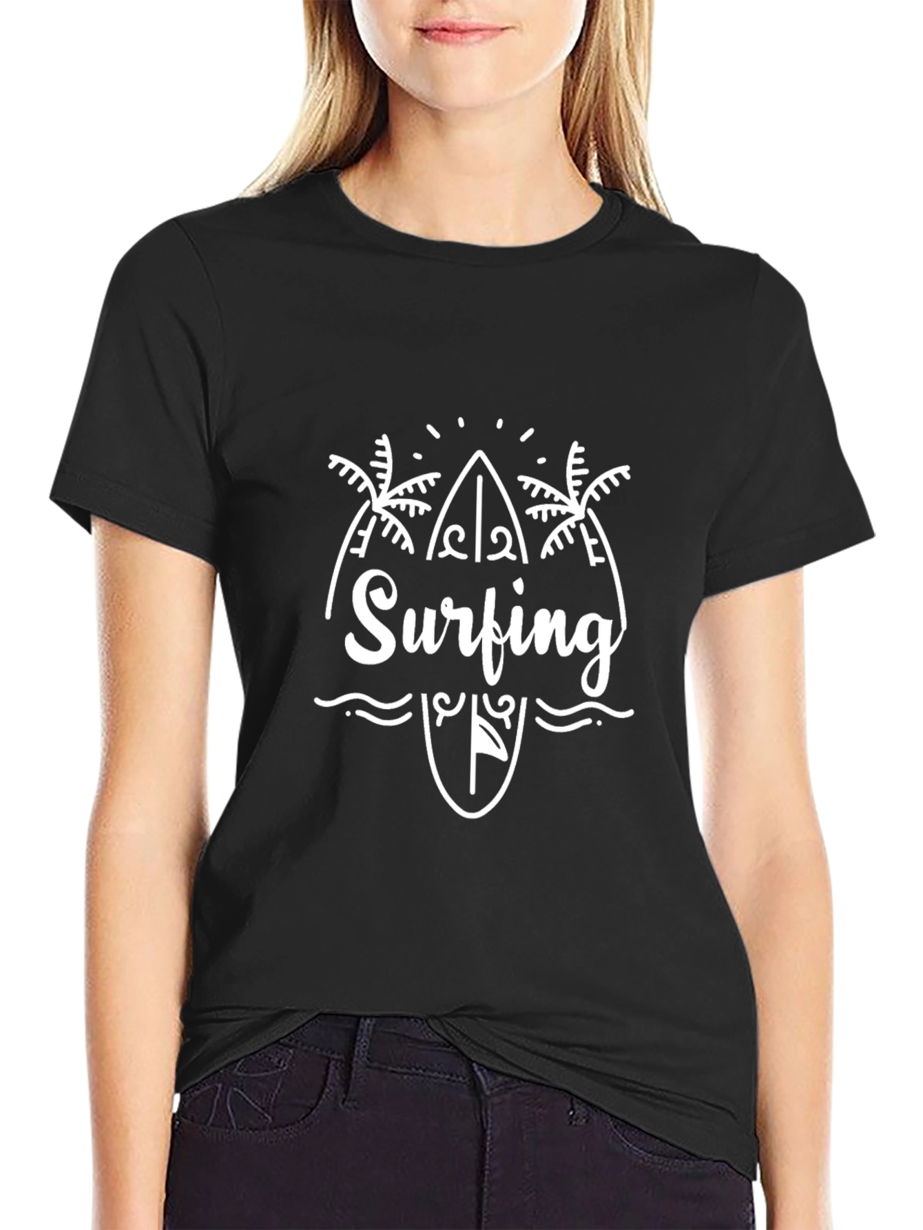 Surfing Graphic Tee - Black Cotton T-Shirt