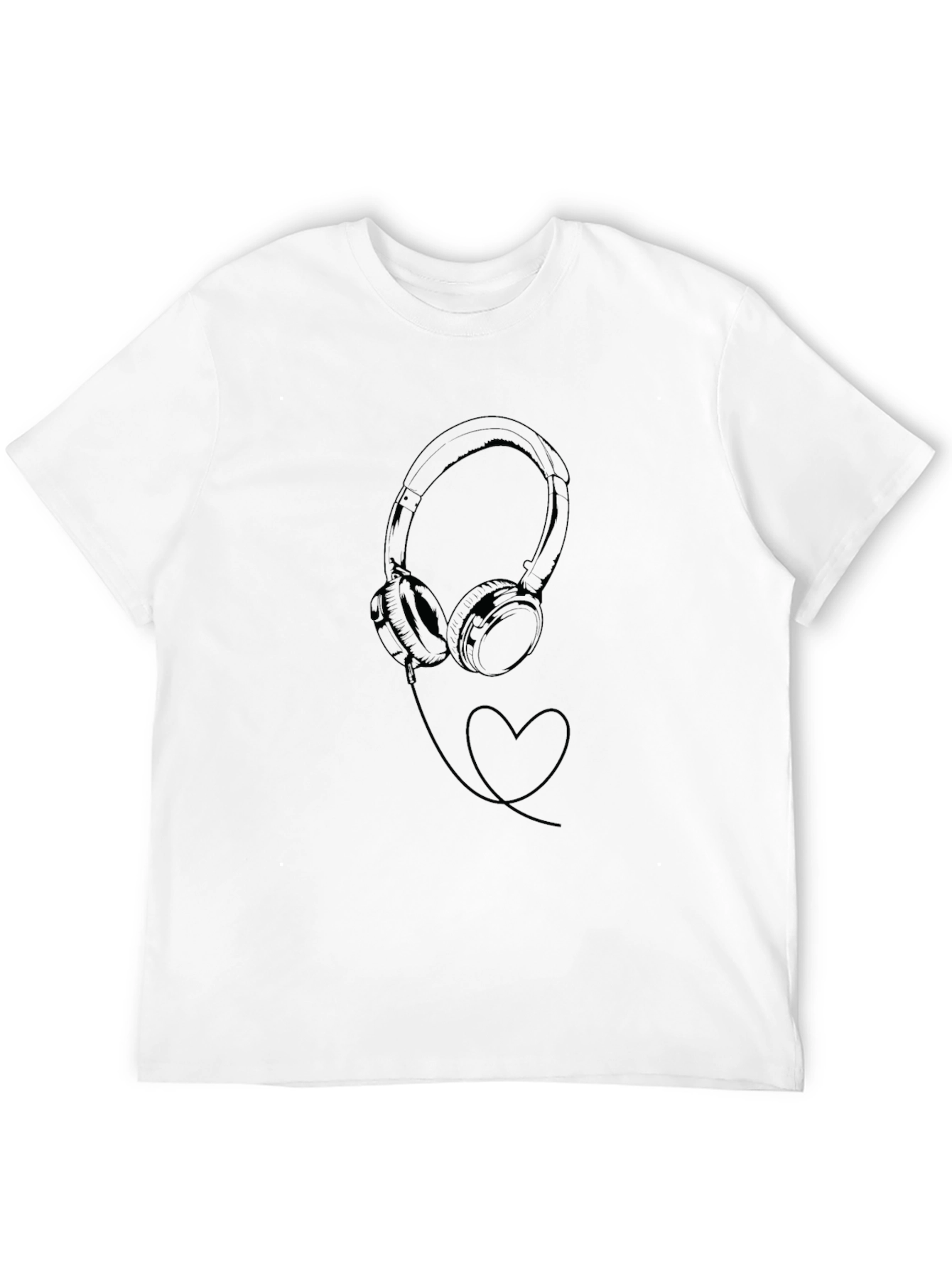 Stylish Black Graphic Tee with Headphones and Heart Design