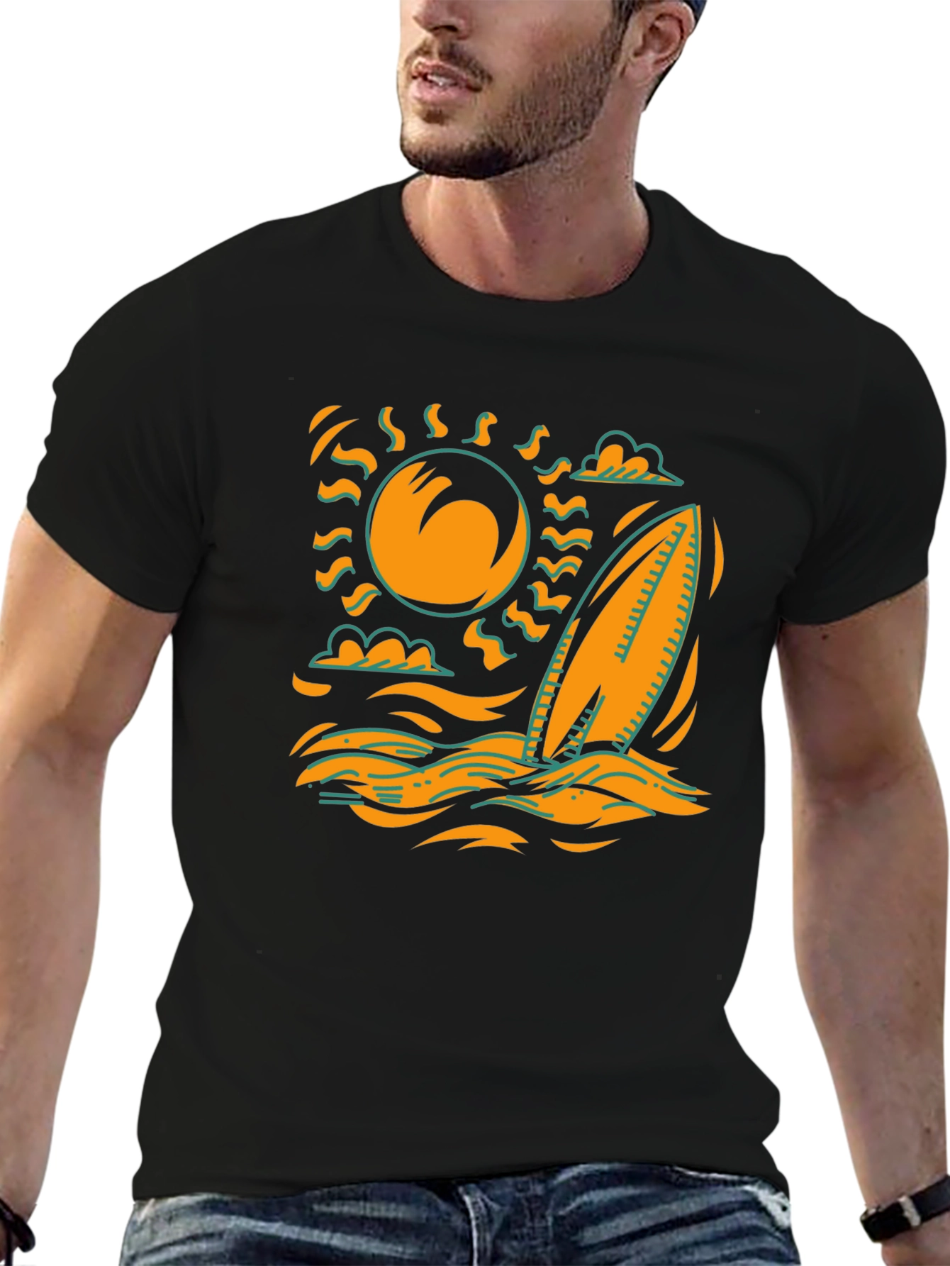Surfboard Sun Graphic Tee - Black Cotton T-Shirt